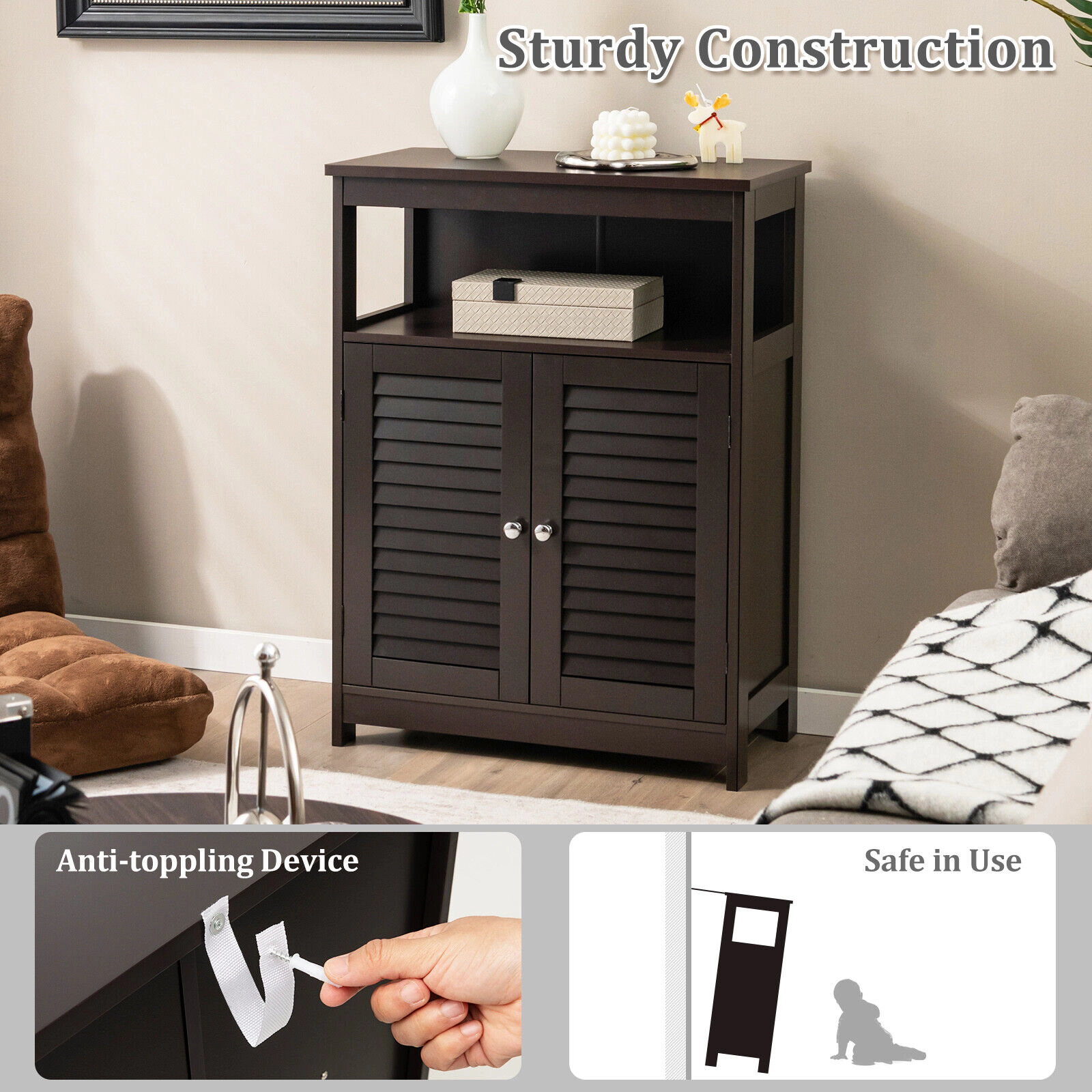 SUGIFT Double Shutter Door Open Shelf Freestanding Bathroom Floor Cabinet 23.5-in x 12-in x 31.5-in 77-lb Top Brown