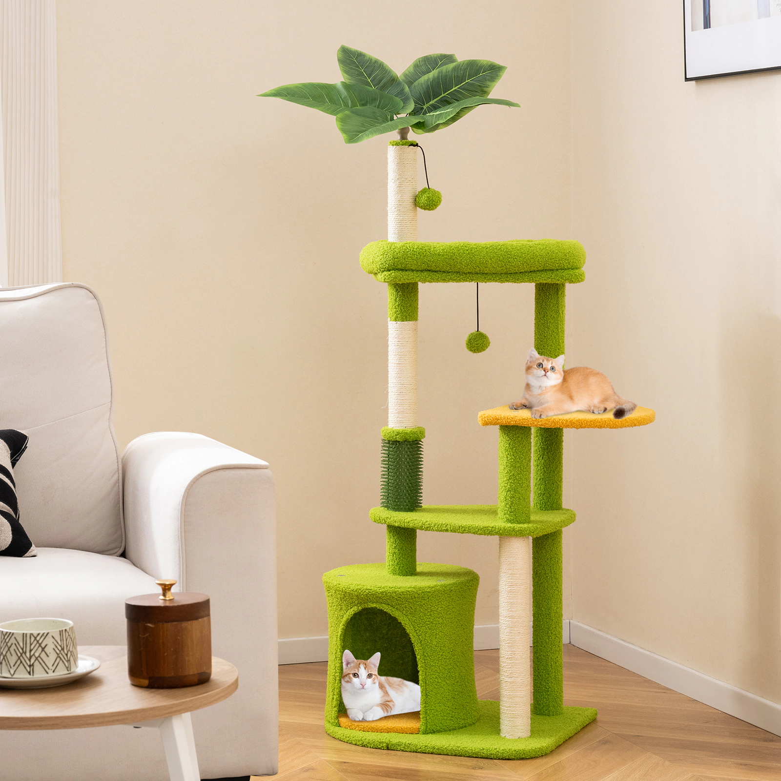 SUGIFT 48-in Multi-Level Cat Tree Tower with Condo, Perches and Scratching Posts 22-lb Capacity Green + Orange