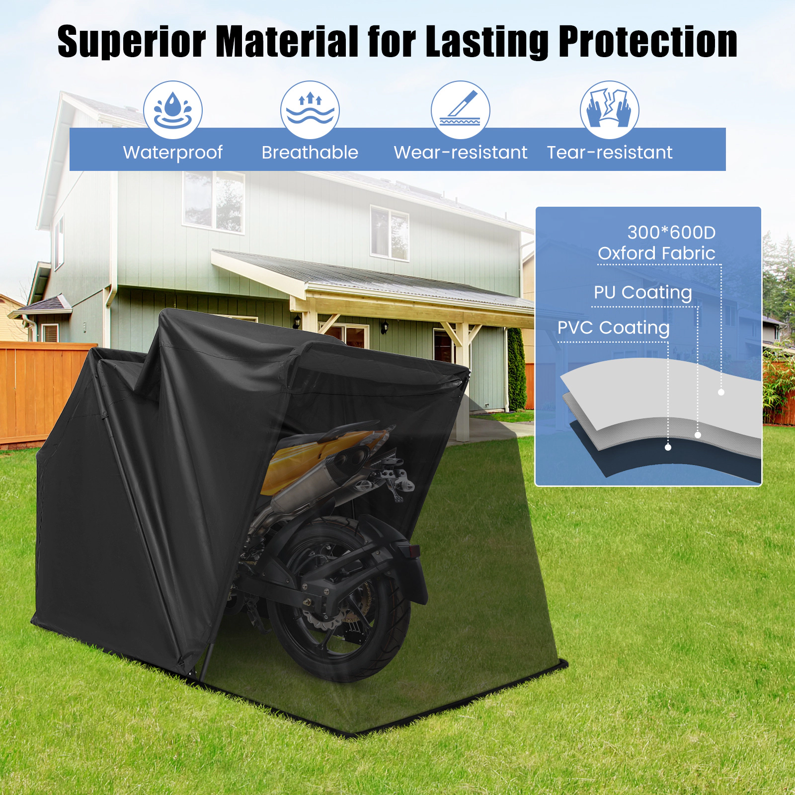 SUGIFT 11.2-ft by 6.3-ft Waterproof 600D Oxford Motorcycle Shelter Storage Tent with Roll-Up Mesh Window