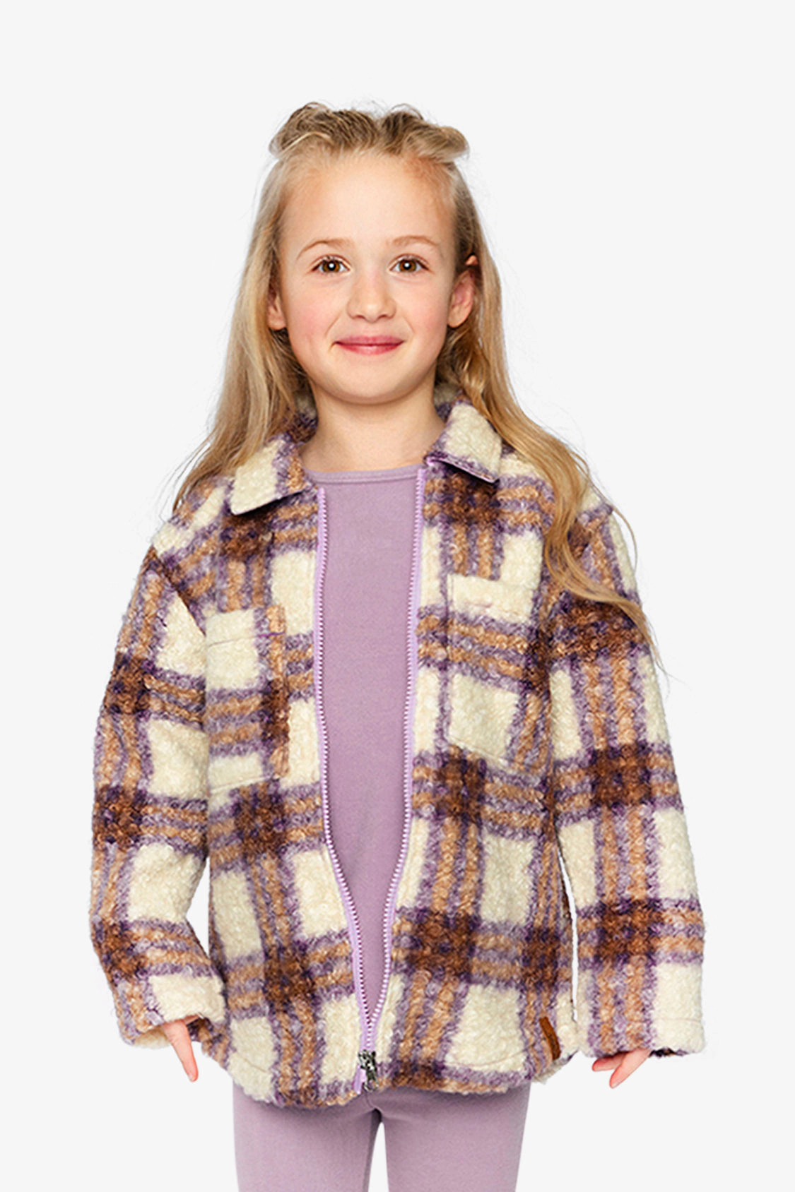 Deux par Girls Plaid Zipped Sherpa Overshirt with Chest Pockets