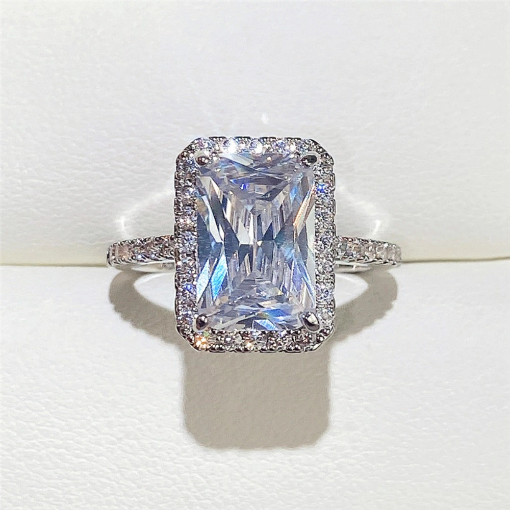 White Gold Plated Square Cubic Zirconia Elegant Minimalist Engagement Ring