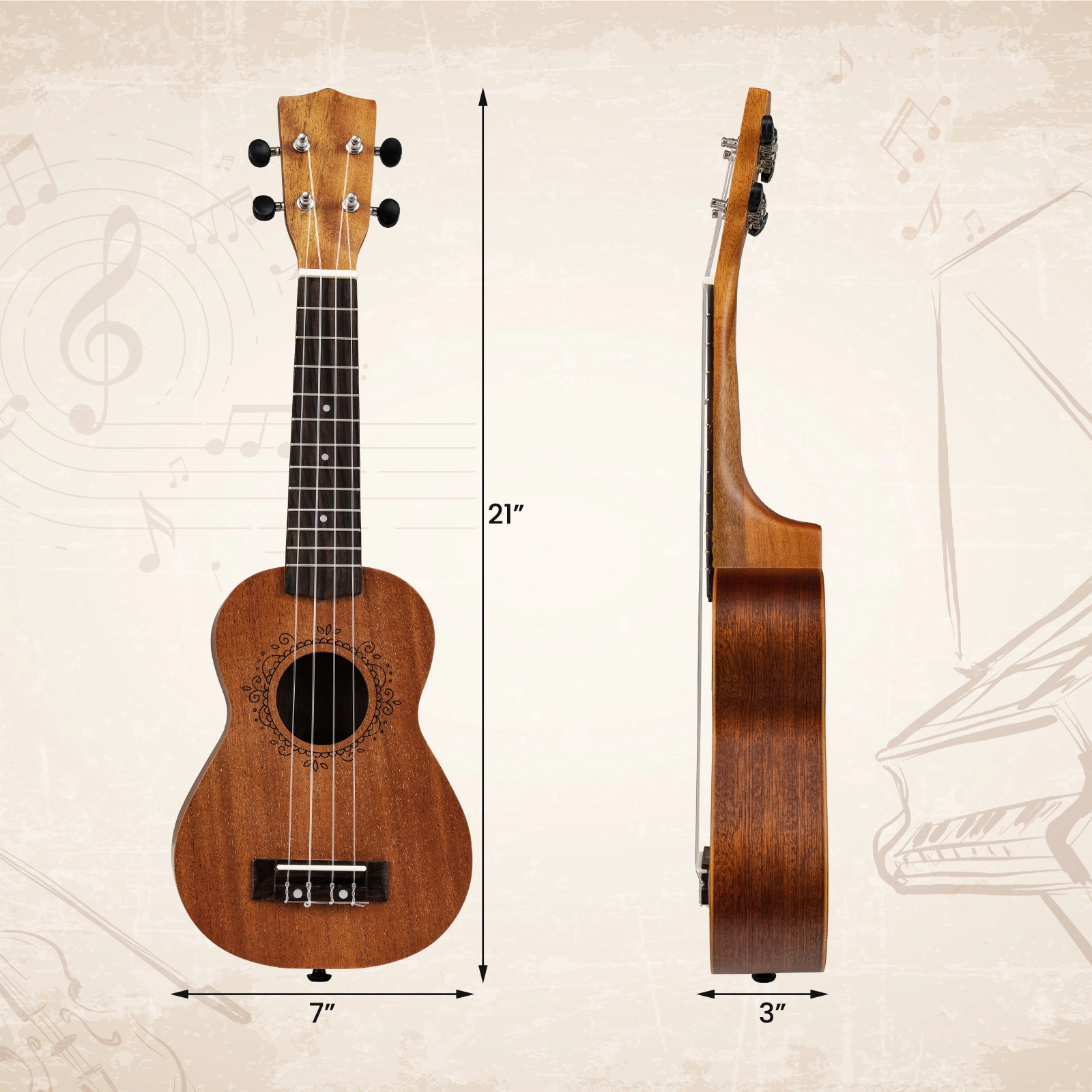 SUGIFT 21-in Soprano Mahogany Ukulele Set Gig Bag Strap Pick 4 Nylon Strings 12 Frets 1.5-lb Natural