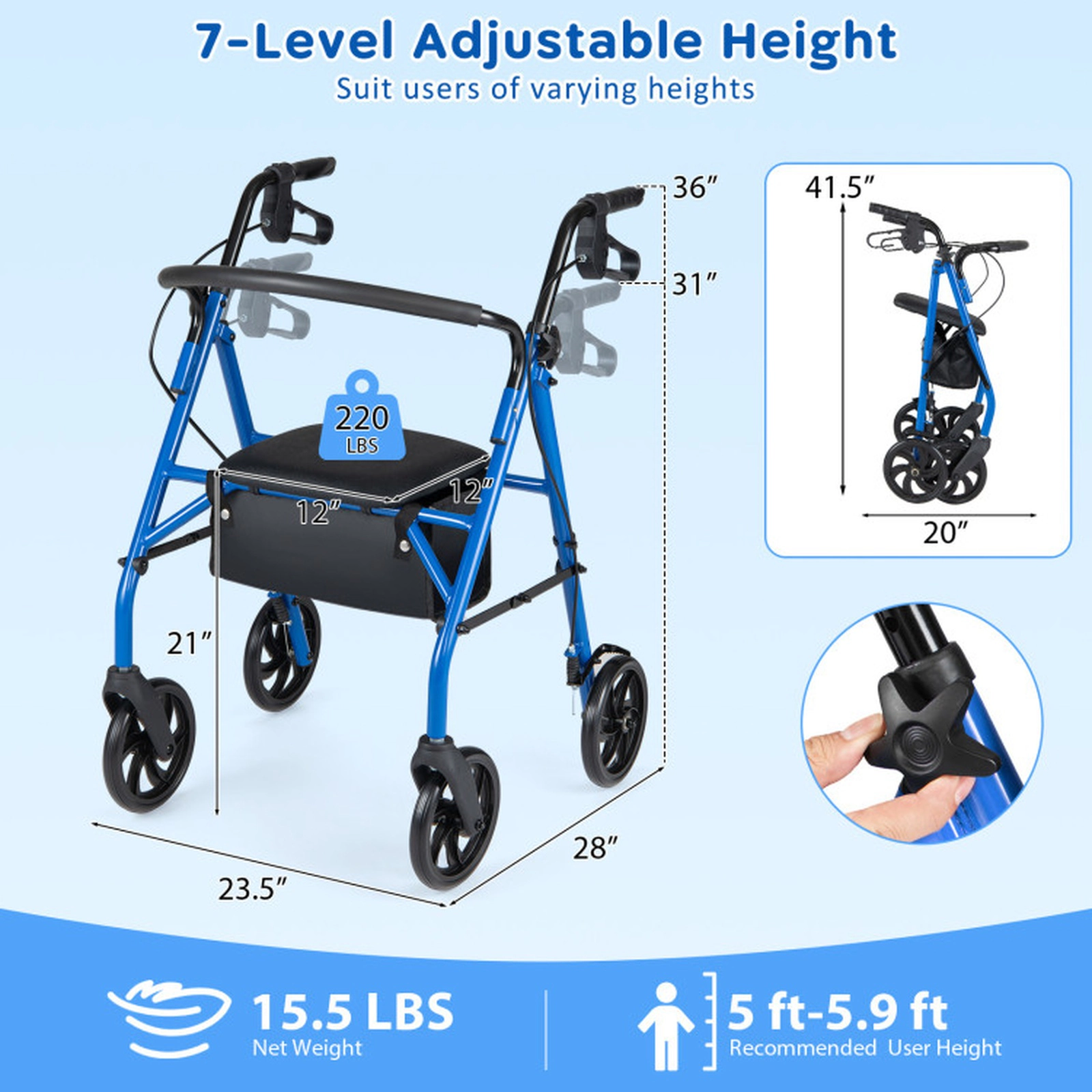 SUGIFT Blue Rollator Walker with Backrest and 7-Level Adjustable Handles 28-in W 23.5-in D 220-lb Seat Capacity