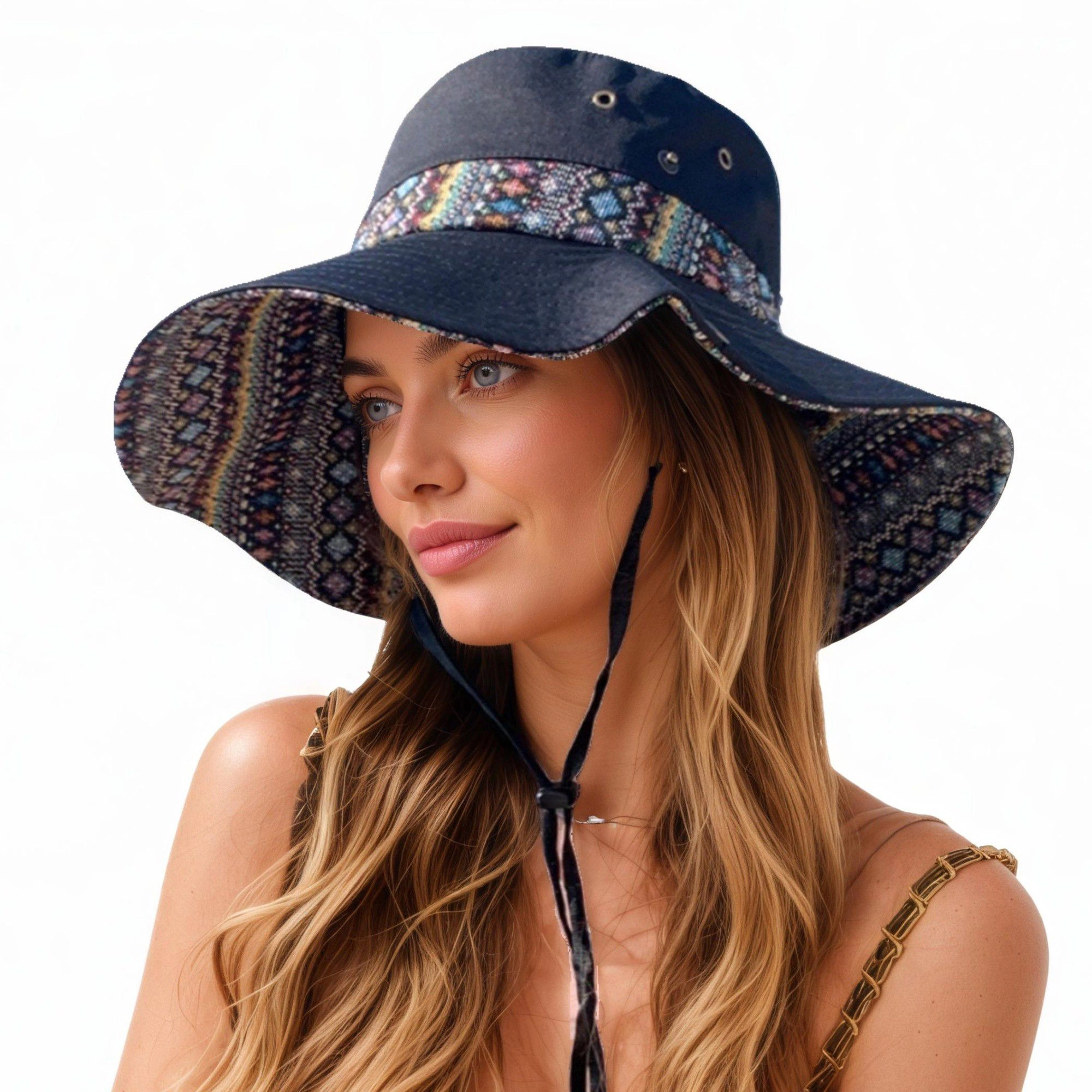 Anna-Kaci Women's Wide Brim Sun Hat with Adjustable Chin Strap Decorative Band Casual Headwear