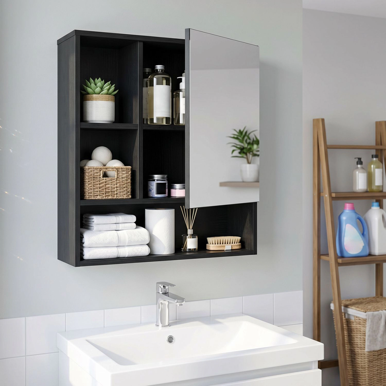 SlickBlue Bathroom Mirror Cabinet with Hidden Storage and Open Shelves