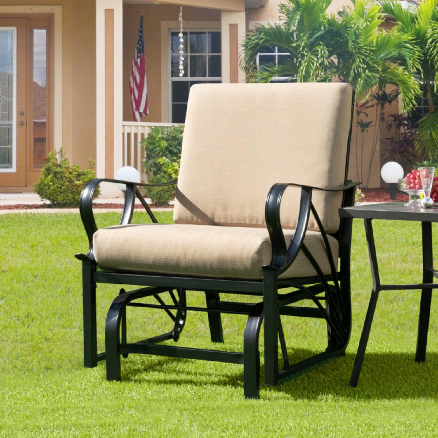 Hivvago Patio Glider Rocking Chair With Thick Cushion And Curved Armrest-Tan