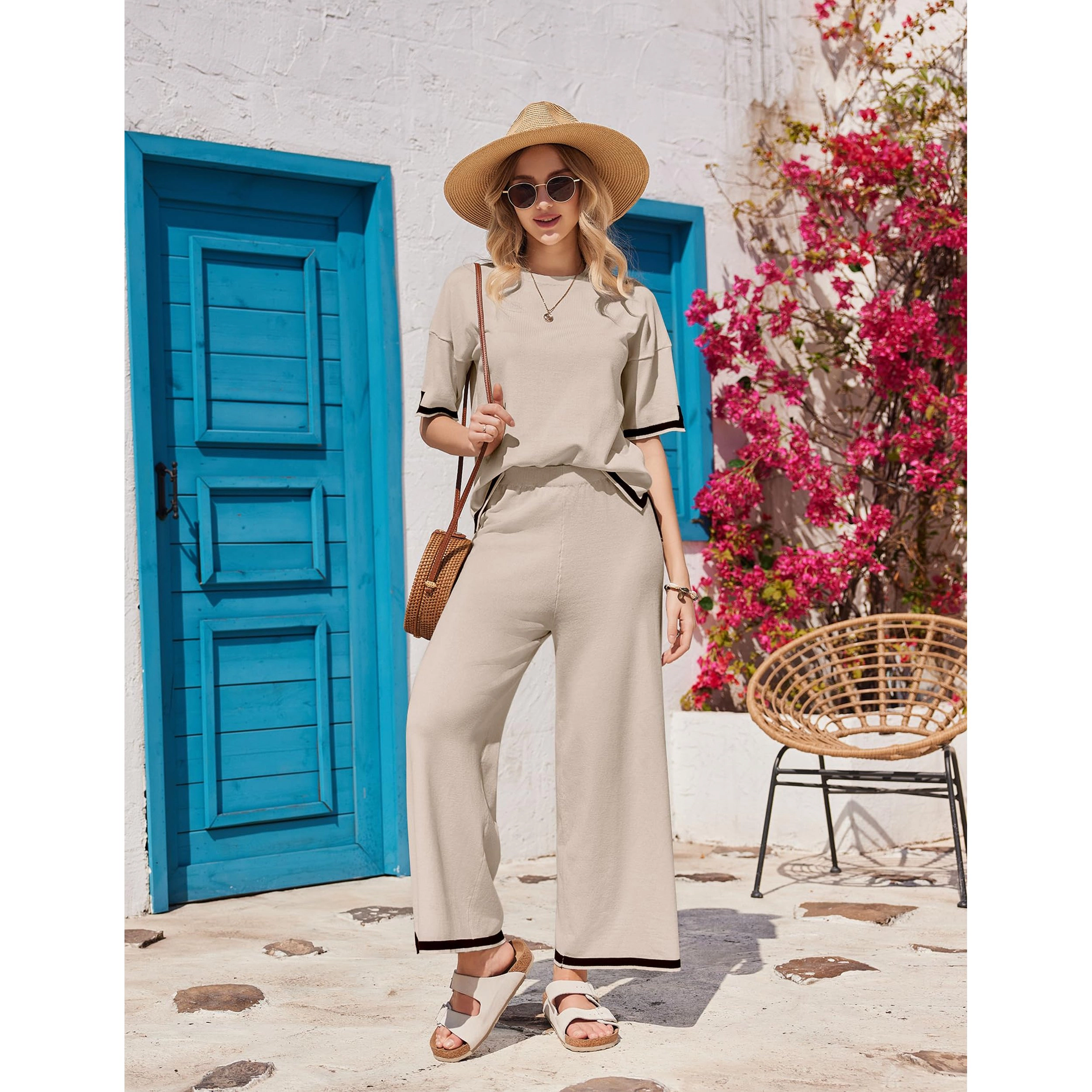 Ekouaer Lounge Set for Women 2 Piece Sets Short Sleeve Sweater Top Wide Leg Long