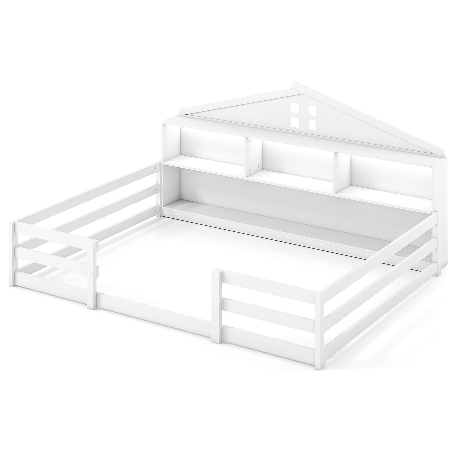 SUGIFT 2-in-1 Montessori Full Floor Bed with Storage Compartments 50-lb Compartment Capacity White/Gray/Natural