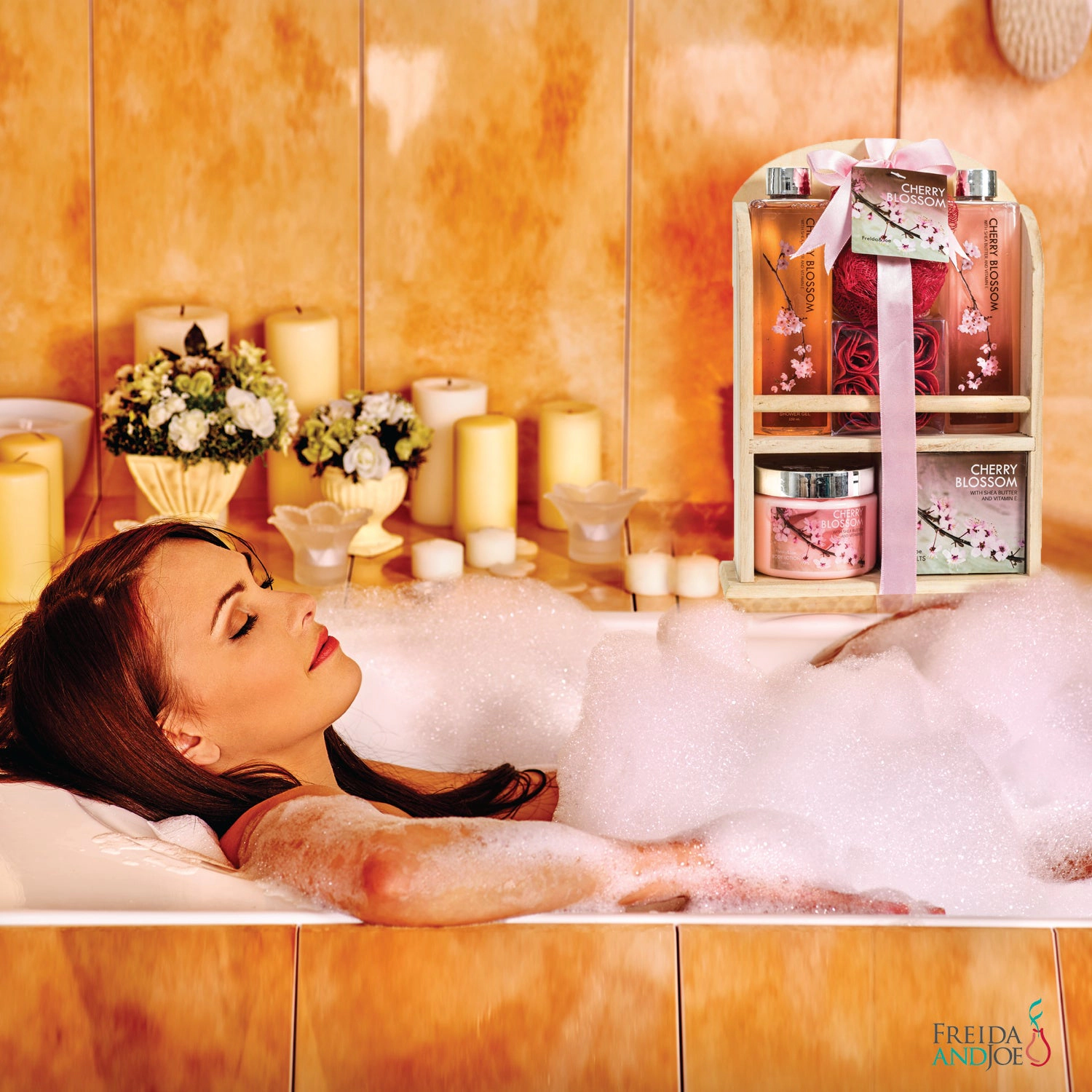 Freida and Joe Women Cherry Blossom Fragrance Bath &Body Spa Gift Set Wooden Curio