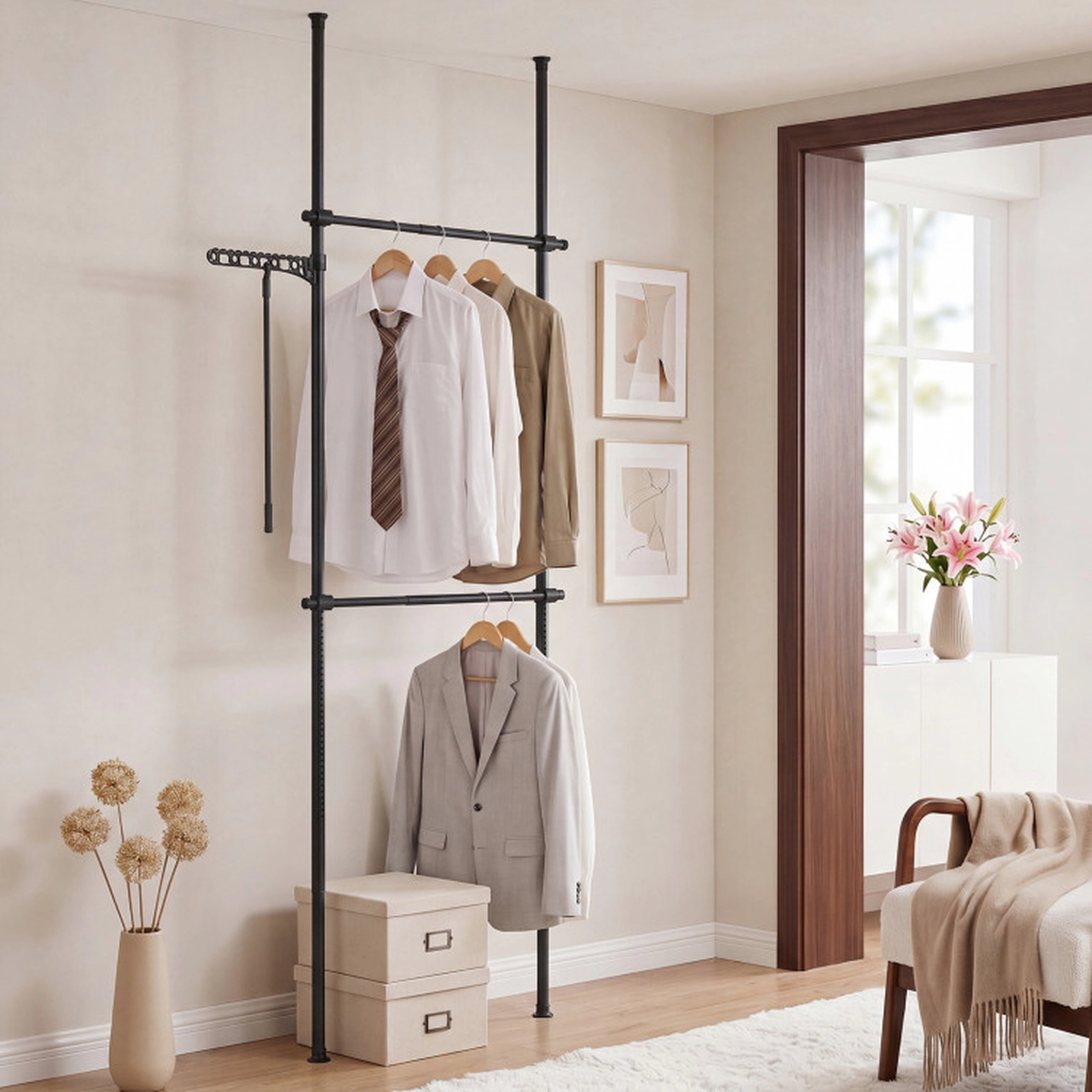 SUGIFT Adjustable Floor to Ceiling Clothes Rack Black with 2 Hanging Rods