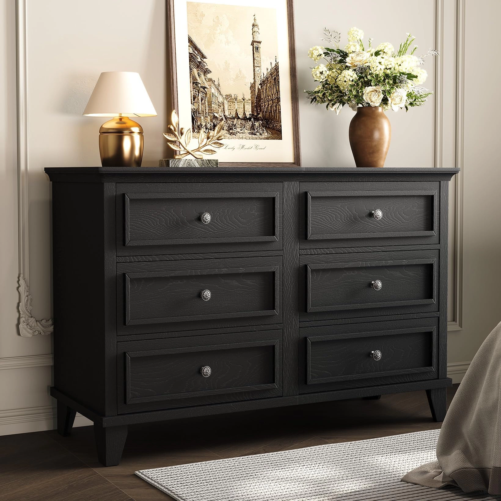 6 Drawer Dresser, Wooden Storage Chest with Metal Handles, Large TV Stand for Bedroom & Living Room
