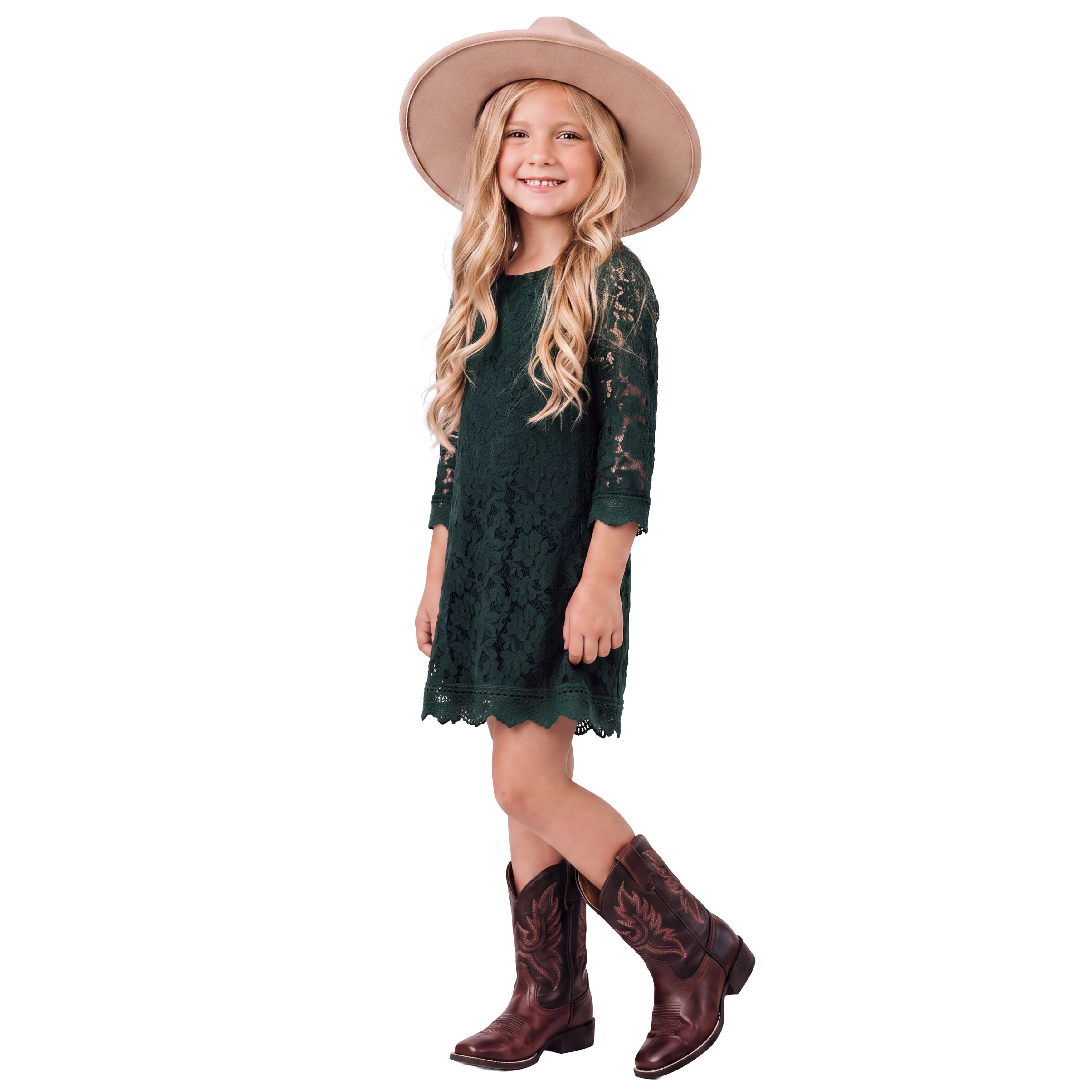 2Bunnies Girls' 12M-12Y Fall Holiday Boho Rustic Lace Scalloped Sleeve Flower Girl Dress
