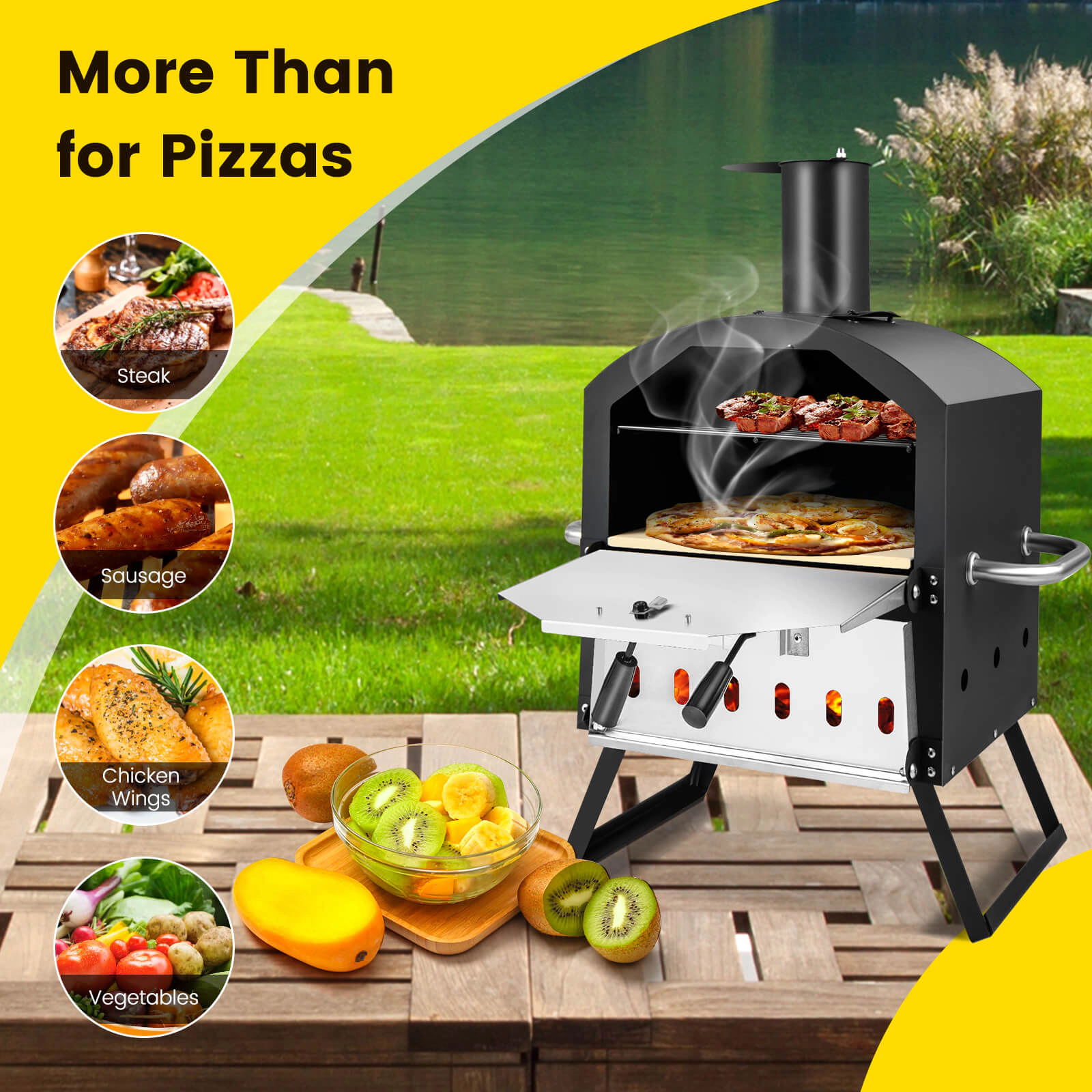 SUGIFT 2-Layer Black Outdoor Pizza Oven with 12-in Pizza Stone Foldable Legs and Anti-Scalding Handles