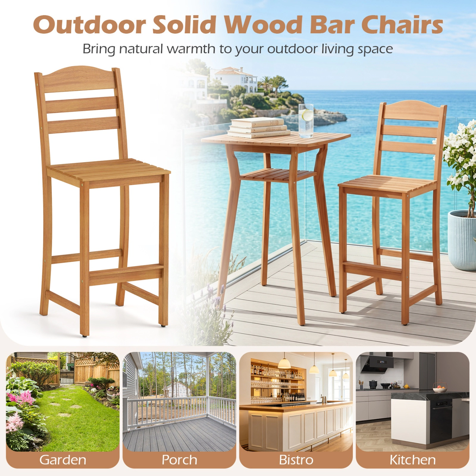 SUGIFT Natural Slatted Seat and Built-In Footrest Solid Acacia Wood Outdoor Bar Stool
