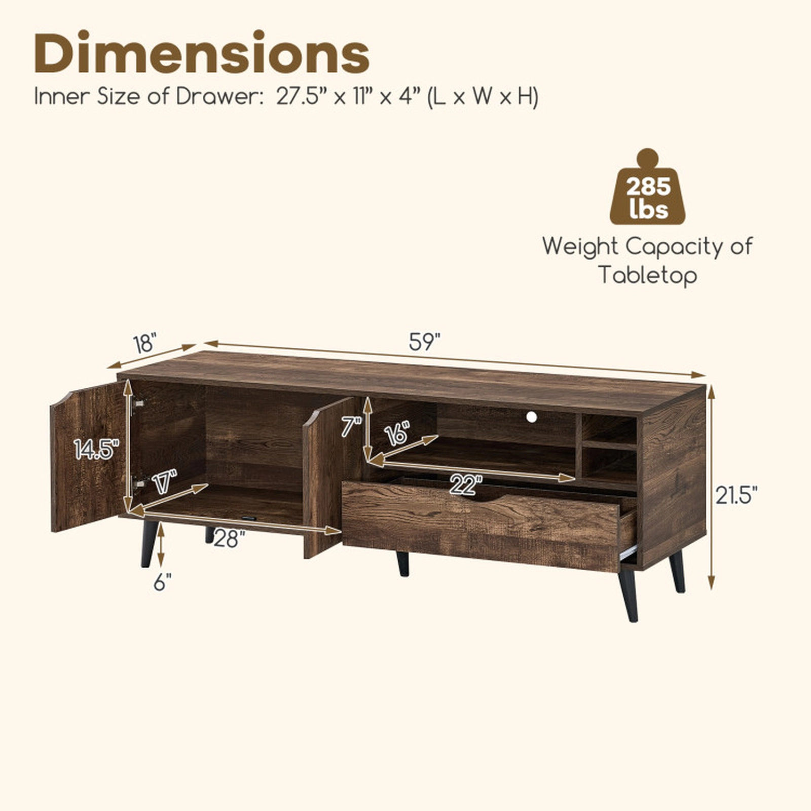 SUGIFT TV Stand for TVs up to 65 Inches Rustic Entertainment Center 285-lb Tabletop Capacity 59-in Wide Brown