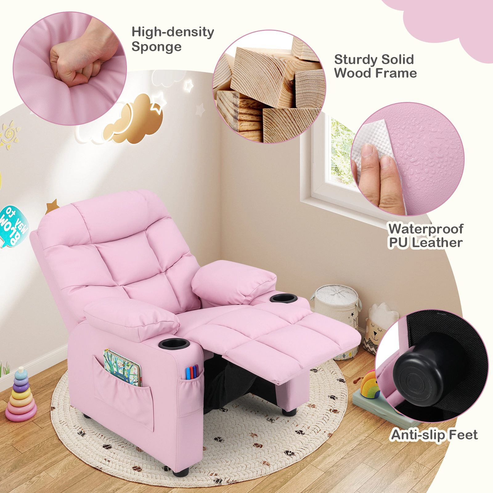 SUGIFT Adjustable Kids Recliner Chair with Cup Holder and Footrest 120-Lb Capacity Ages 3+ 26-in Wide Light Pink