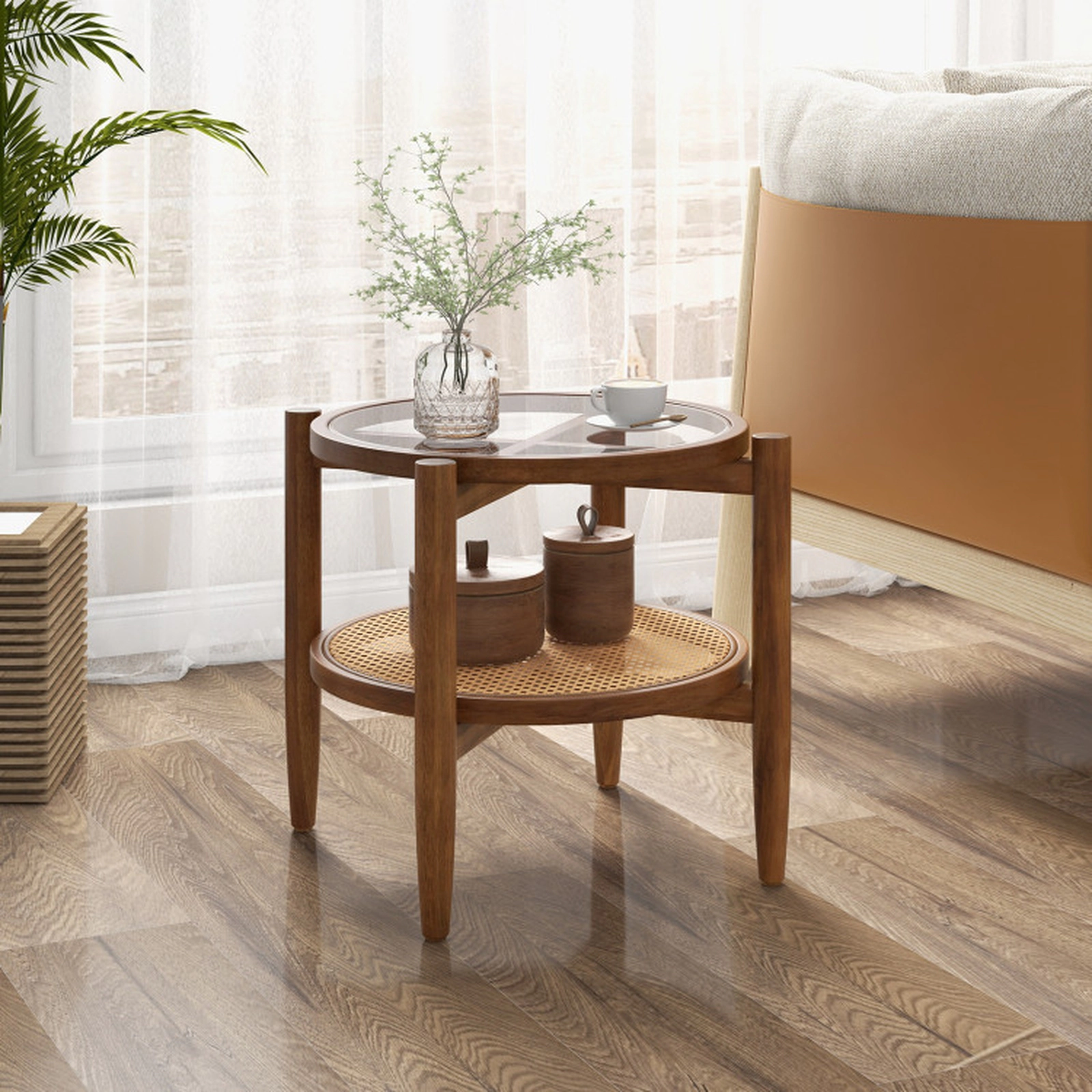 SUGIFT Tempered Glass Top and Woven Rattan Lower Shelf Walnut Round Side Table