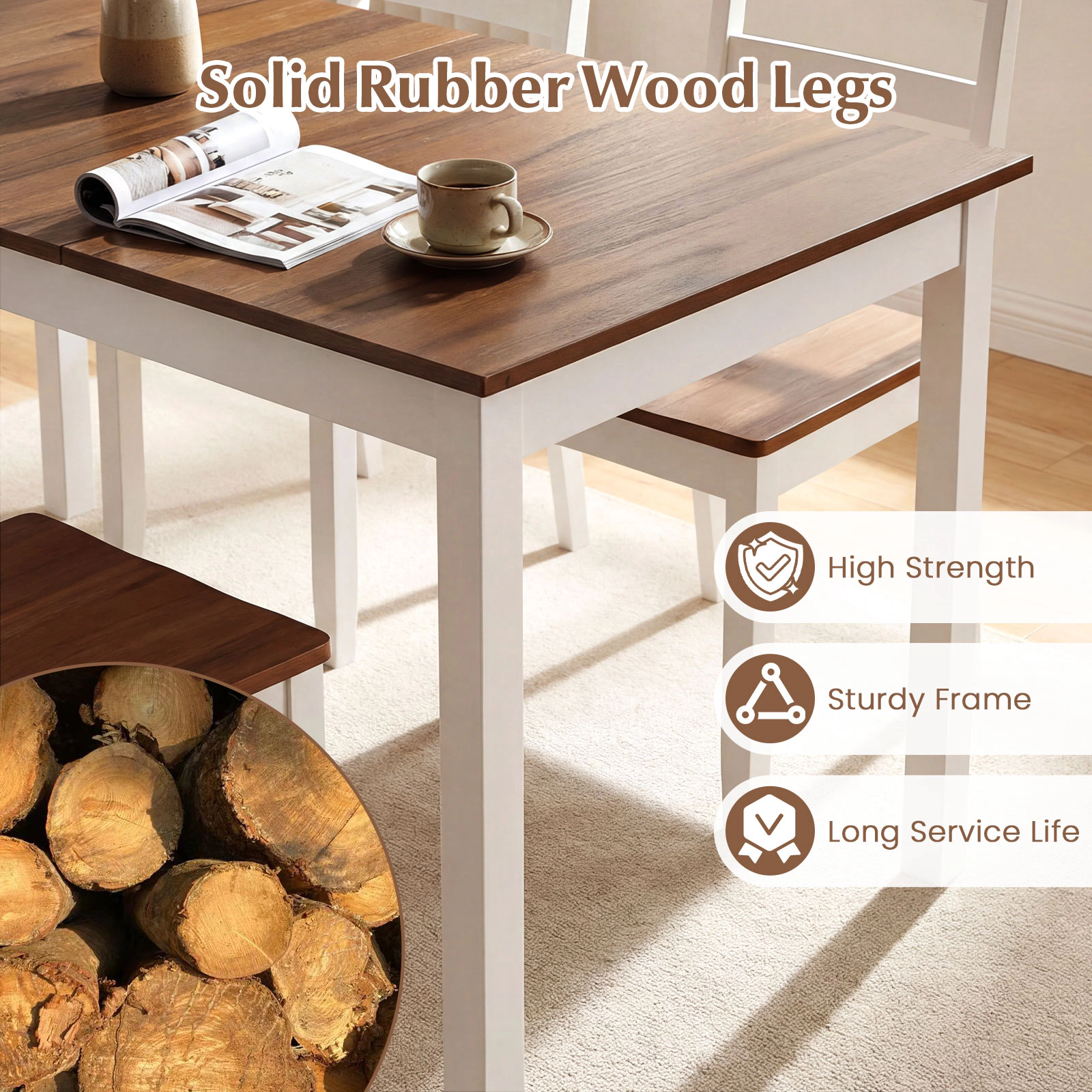 LJG 60 Inch Rectangular Dinner Table with Solid Rubber Wood Legs