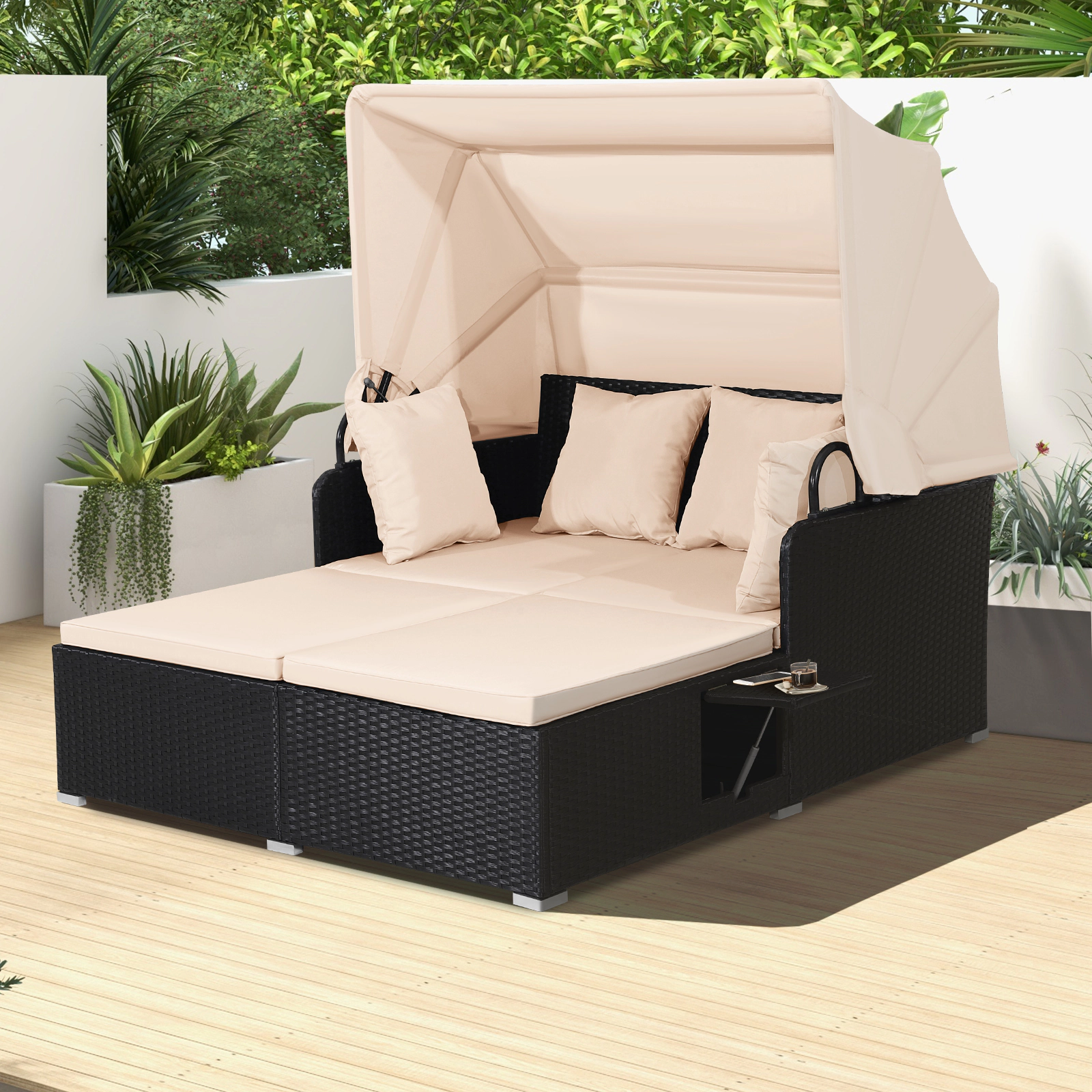 SUGIFT Retractable Canopy Side Trays and Cushions Patio Rattan Daybed