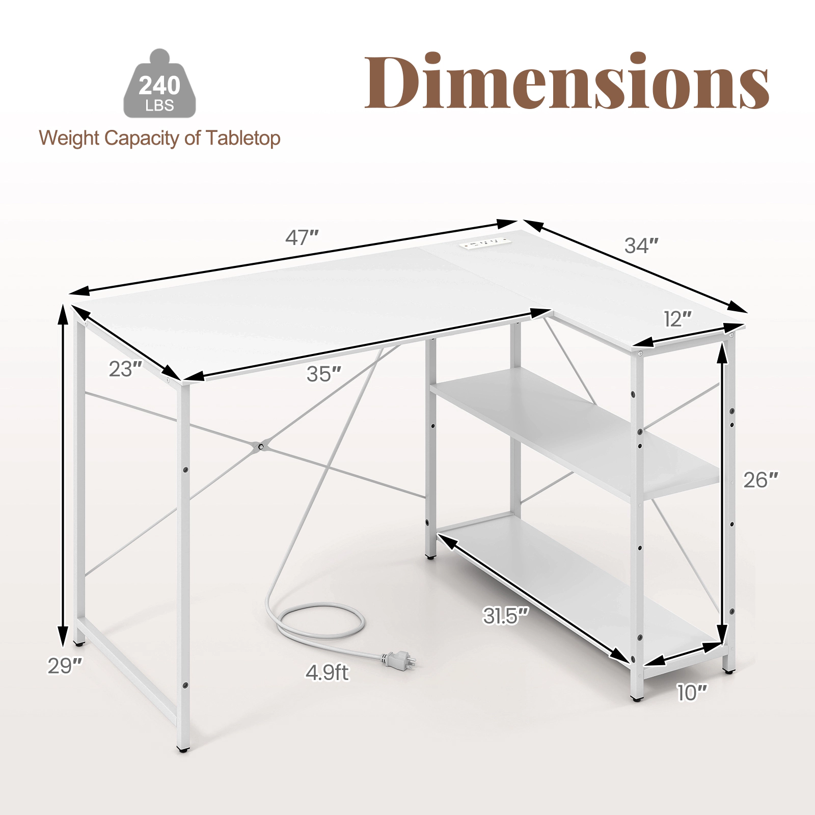 SUGIFT White Reversible L-Shaped Corner Desk with Removable Shelf and Charging Station