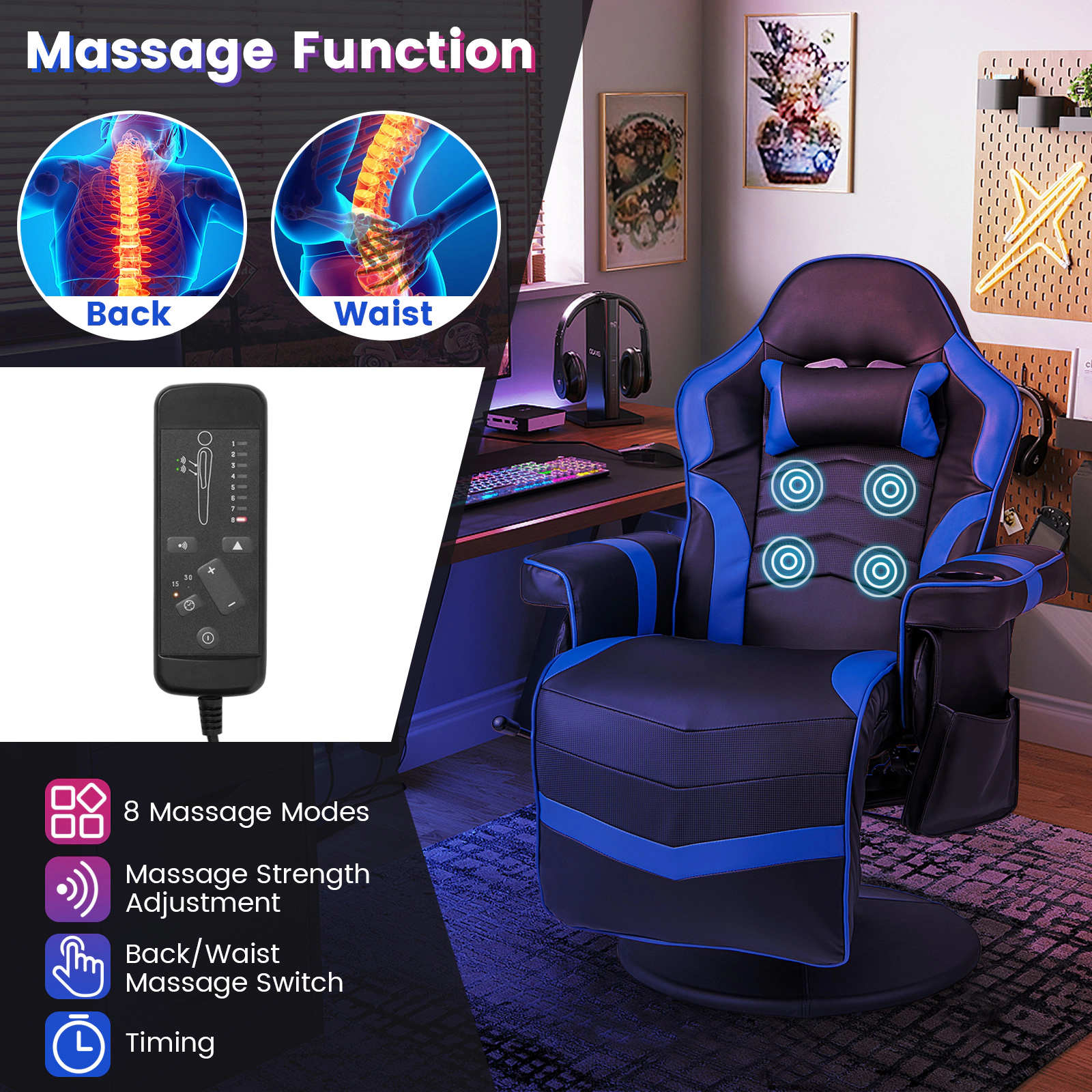 SUGIFT Massage Gaming Recliner Chair with Extendable Footrest and Swivel Base