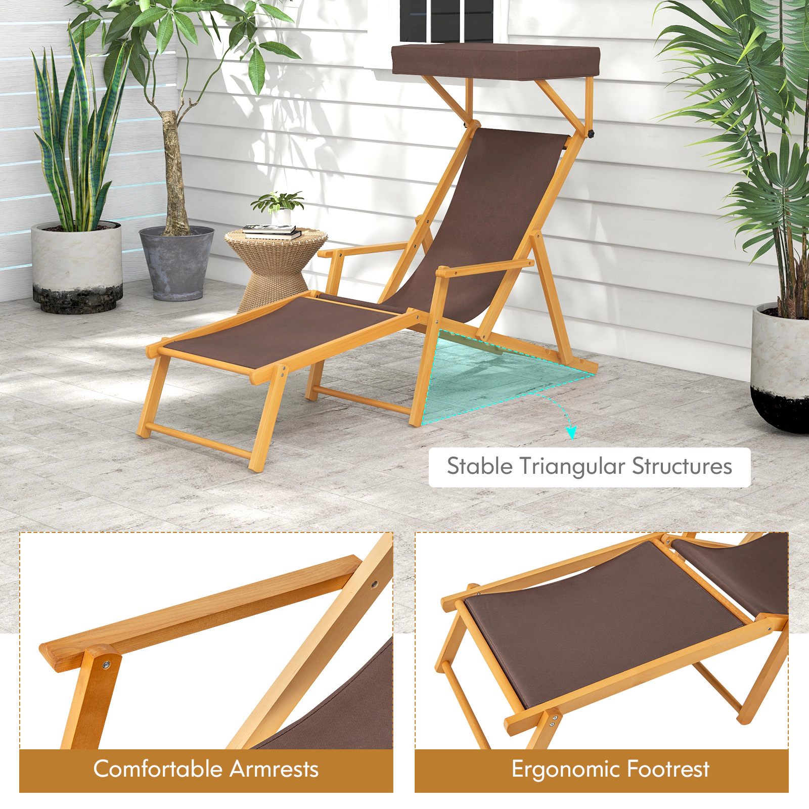 SUGIFT Foldable Birch Wood Chaise Lounge Beach Chair Adjustable Canopy 220-lb Capacity Brown+Natural with Replacements