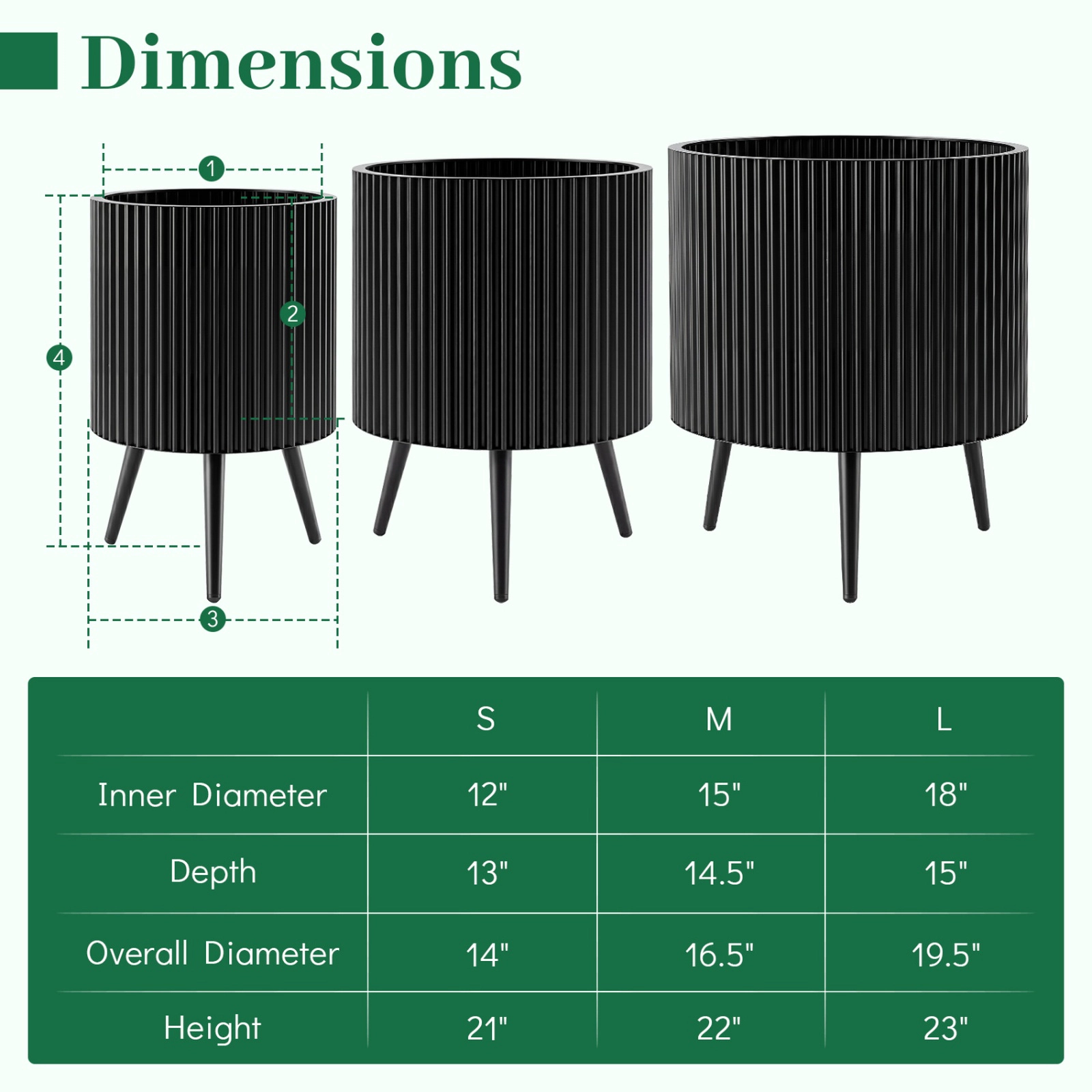 SUGIFT 14-in 110-lb Capacity Black Fluted Metal Plant Pot with Stand Tapered Legs and 3 Drain Holes