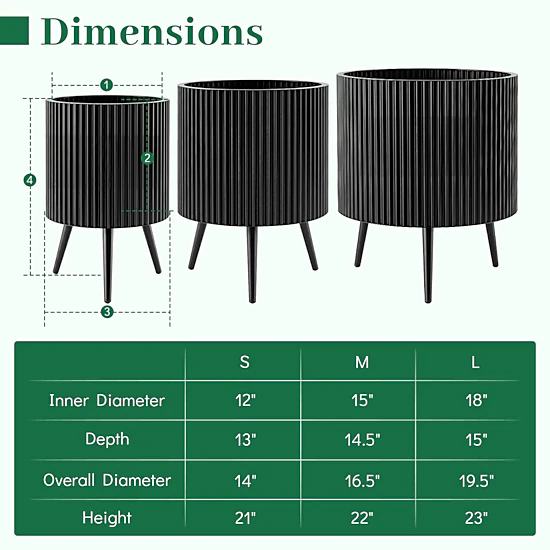 SUGIFT 14-in 110-lb Capacity Black Fluted Metal Plant Pot with Stand Tapered Legs and 3 Drain Holes