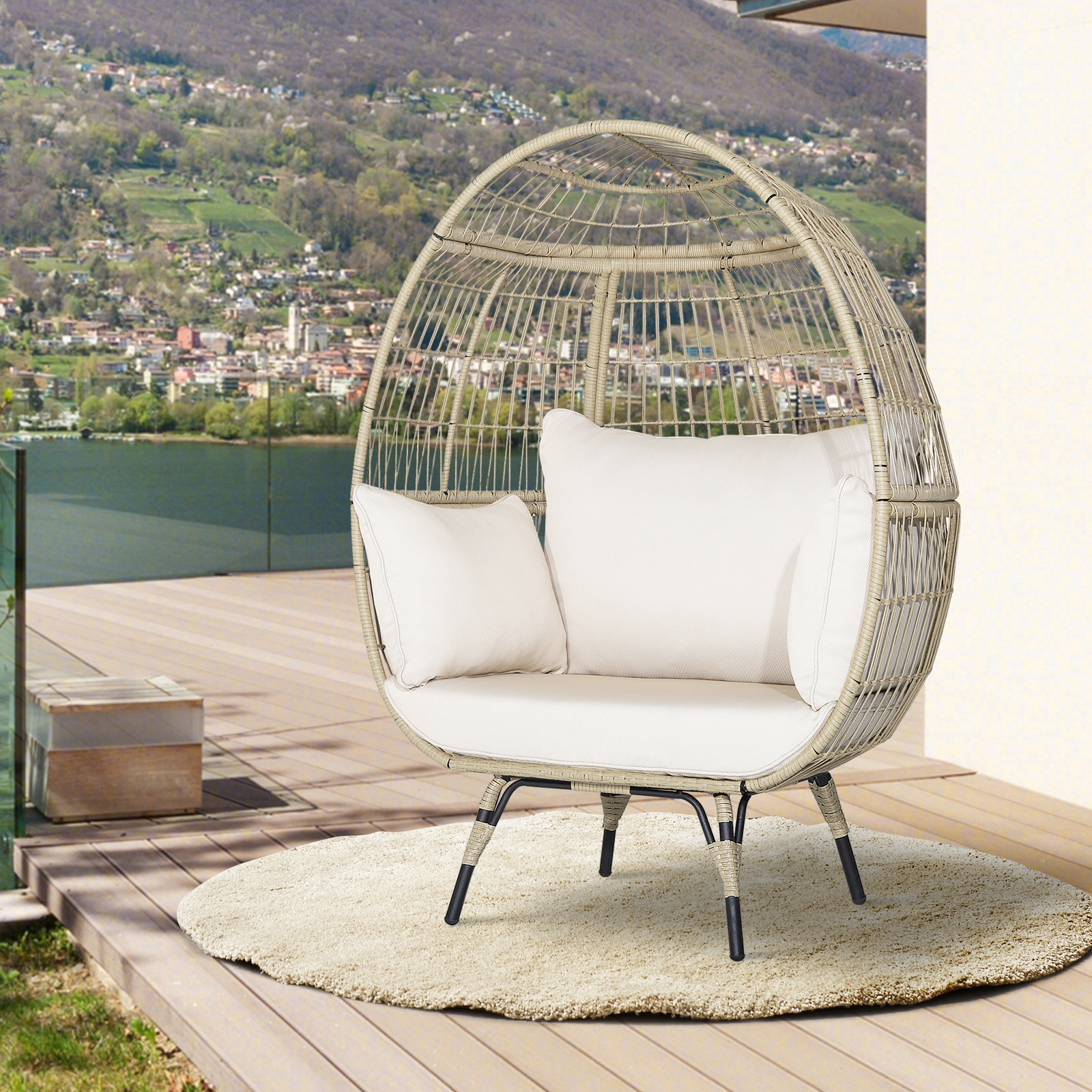 SUGIFT Oversized Outdoor Egg Lounge Chair, Light Brown PE Wicker, 4 Cushions