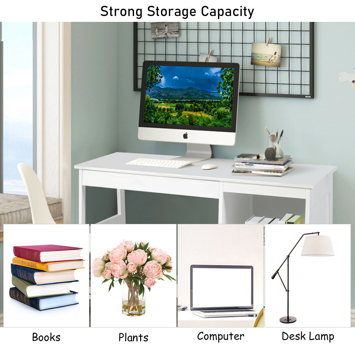 SUGIFT Open Shelf Glide Drawer Metal Frame Computer Desk 45-in x 20-in x 30.5-in 155-lb Capacity 29.5-in Legroom White