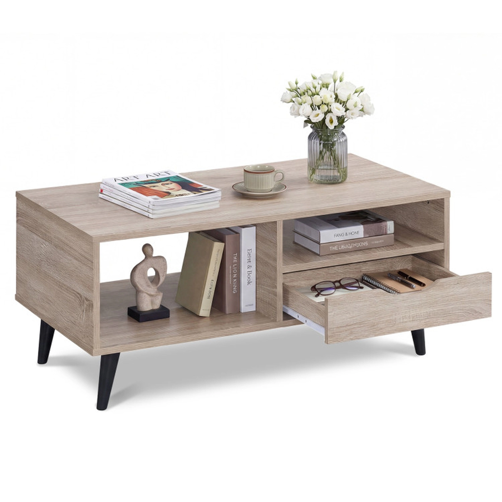 SUGIFT Storage Coffee Table Rectangle Center Table 165-lb Top Capacity Natural/Walnut