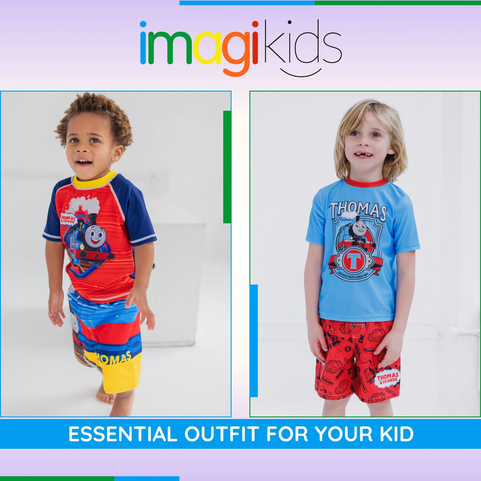 Thomas & Friends Boys' Swimwear 2-Piece Rash Guard and Swim Trunks Set
