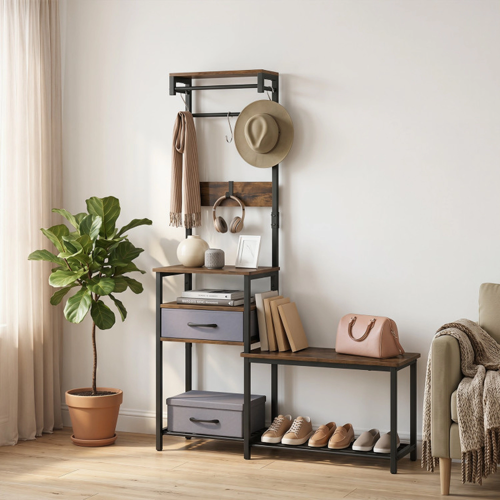 SUGIFT 7-in-1 Hall Tree with Shoe Bench Hooks and Removable Drawer 100-lb Seat Capacity Rustic Brown + Black