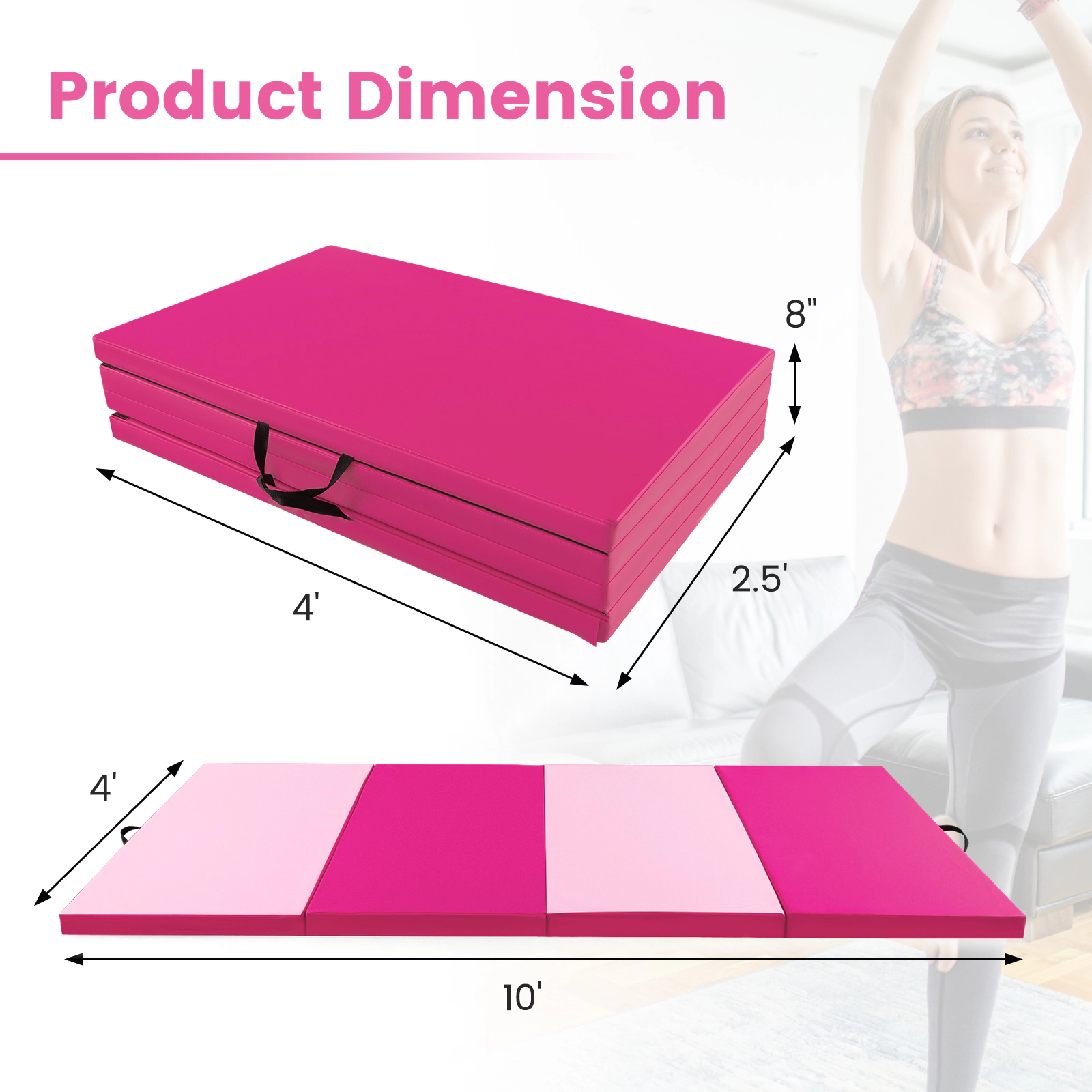 SUGIFT Hot Pink 4-Panel Folding Exercise Mat with Carry Handles and Hook and Loop Fasteners 10-ft W 4-ft D