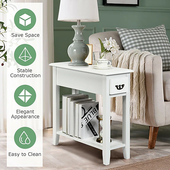Glintex 2-Piece Narrow Side Table Set with Drawer and Open Shelf, White