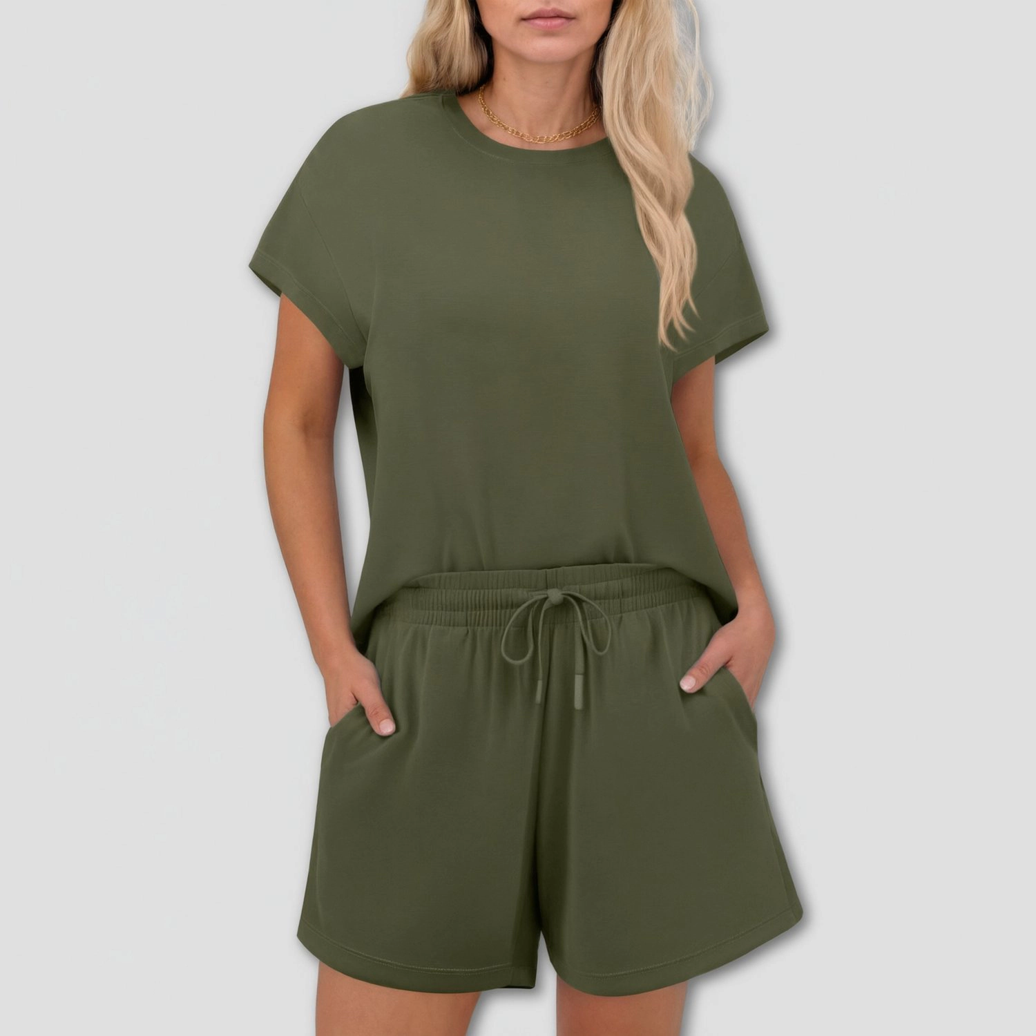Pinspark Womens Crew Neck Short Sleeve Tops Drawstring Shorts Solid Casual Lounge Set