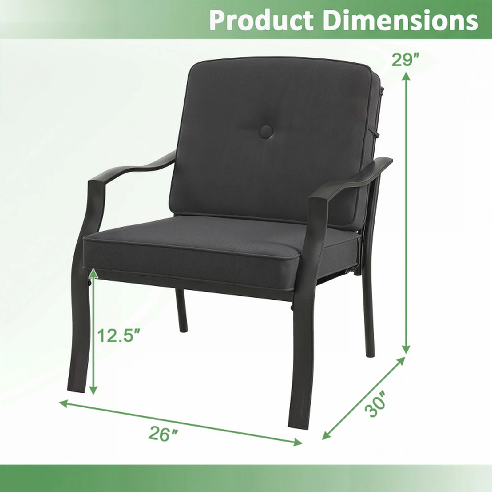 SUGIFT Set of 2 Black Metal Low Lounge Patio Chairs with Washable Cushions