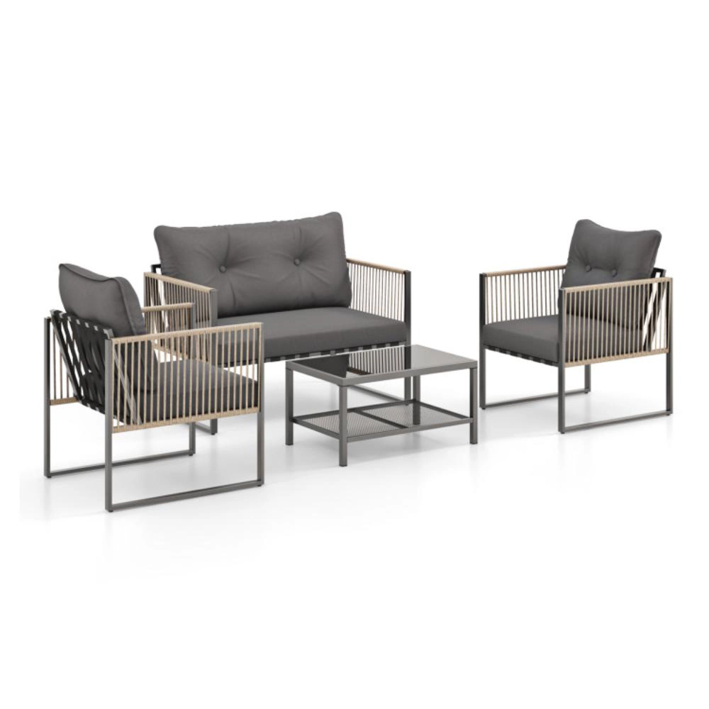 Hivvago 4 Pieces Outdoor Pe Rattan Conversation Sofa Set With Cushions-Grey
