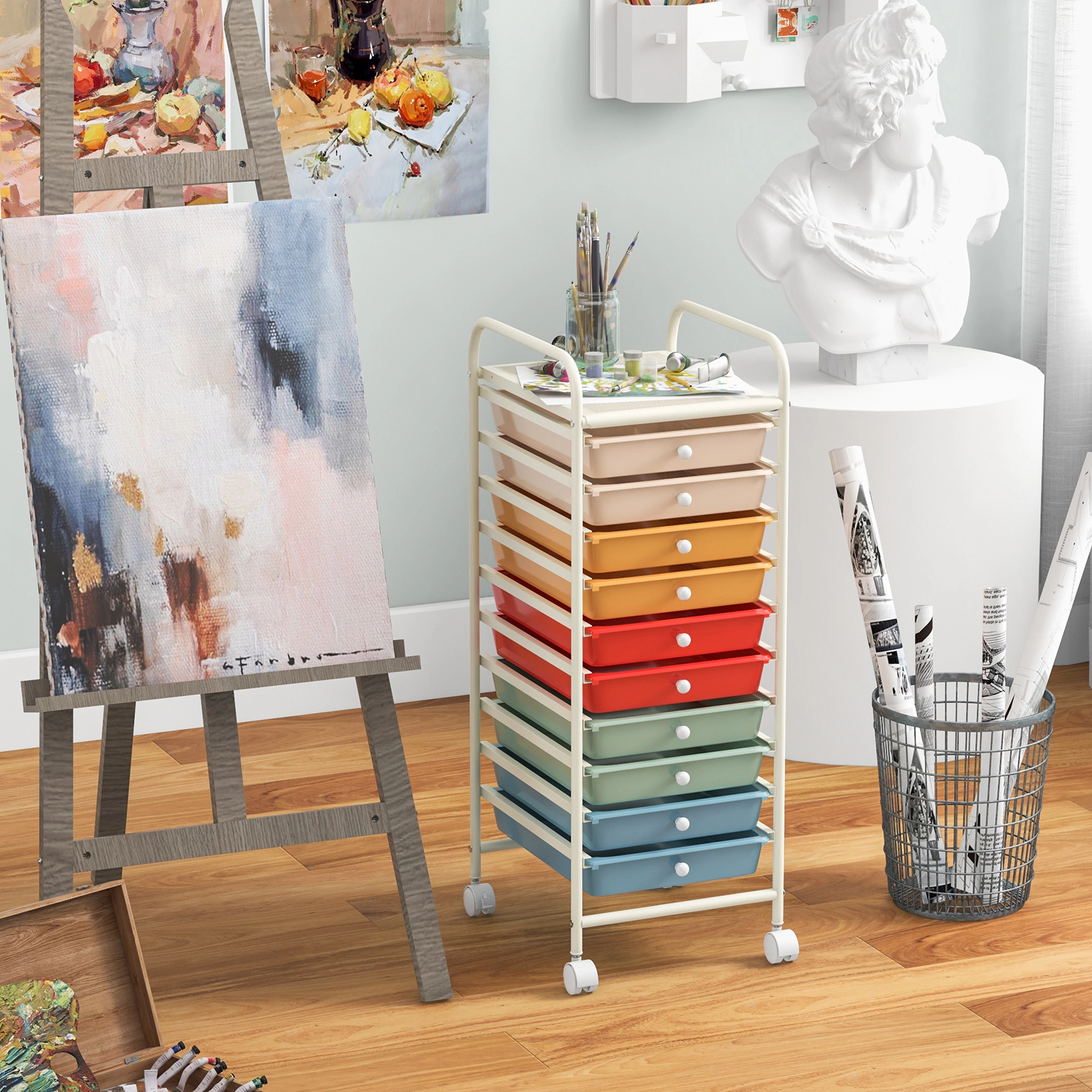 SUGIFT 34-in 10-Drawer Rolling Storage Cart Craft Organizer with Removable Drawers and 4 Universal Casters