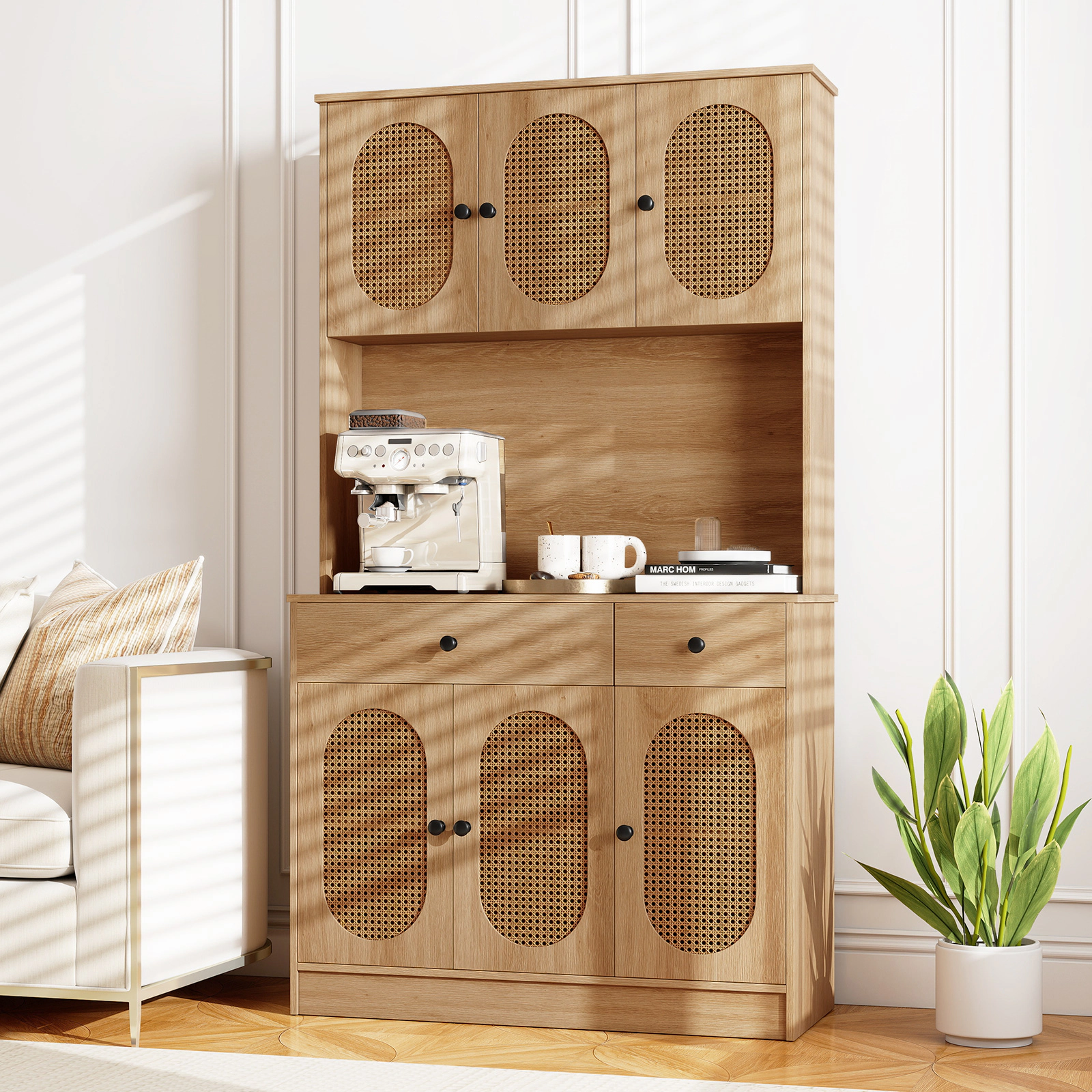 Glintex 71-Inch Pantry Cabinet with 6 Rattan Doors and Charging Station, Natural