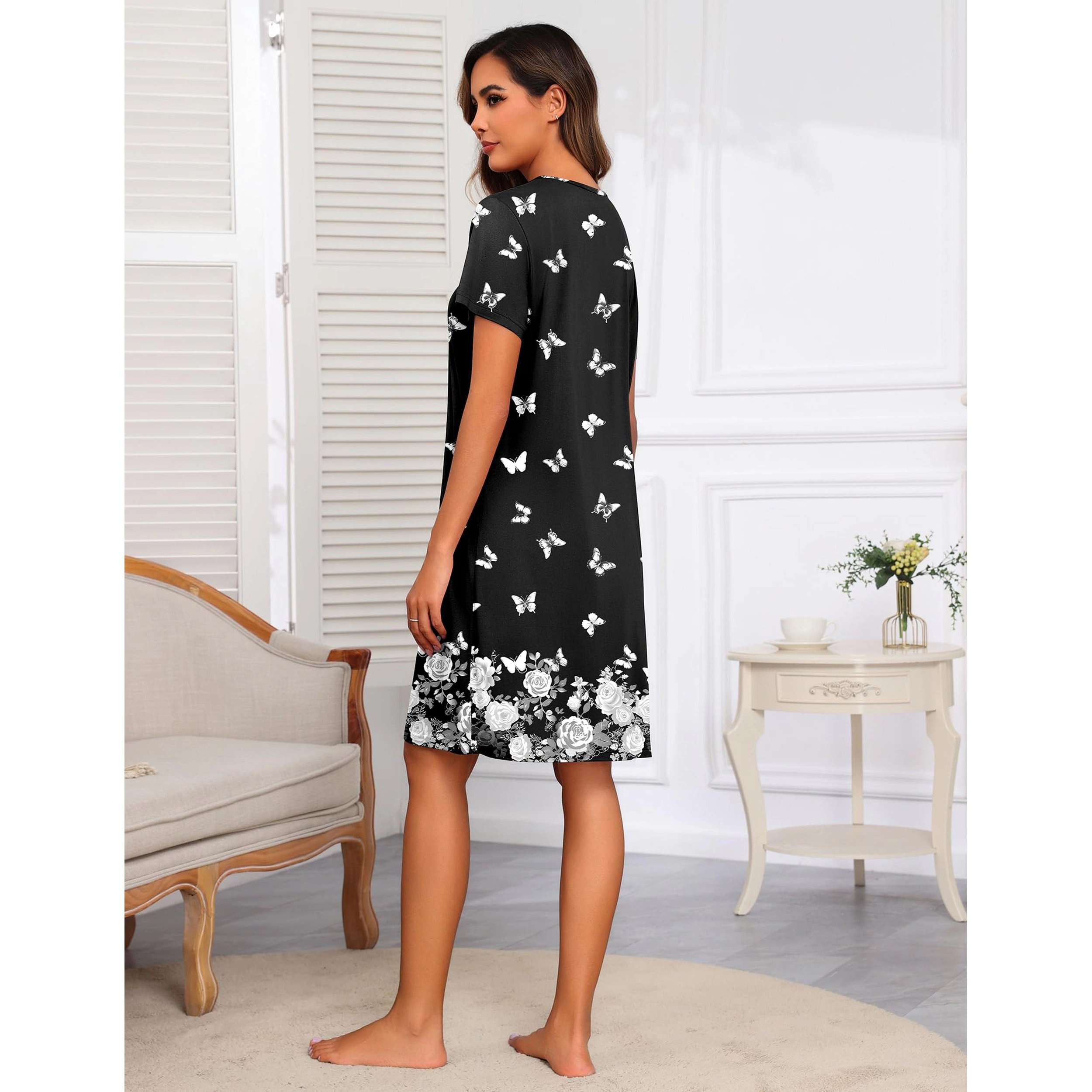 Ekouaer Women Robes Lightweight House Coat Short Sleeve Print Mumu Dresses Zipper Nightgowns