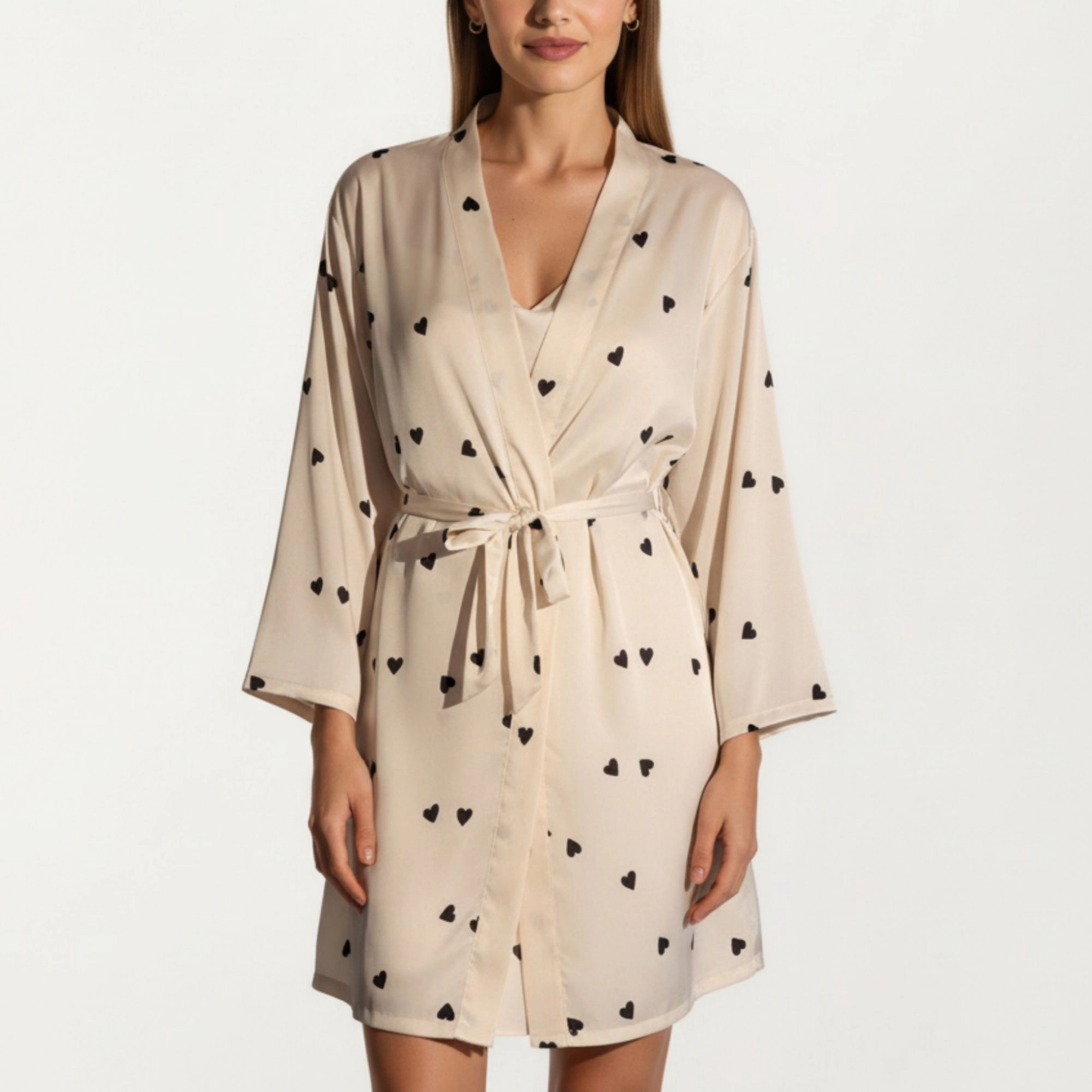 Anna-Kaci Women's 2-Piece Satin Polka Dot Slip Dress with Spaghetti Straps and Matching Tie Waist Robe Layer