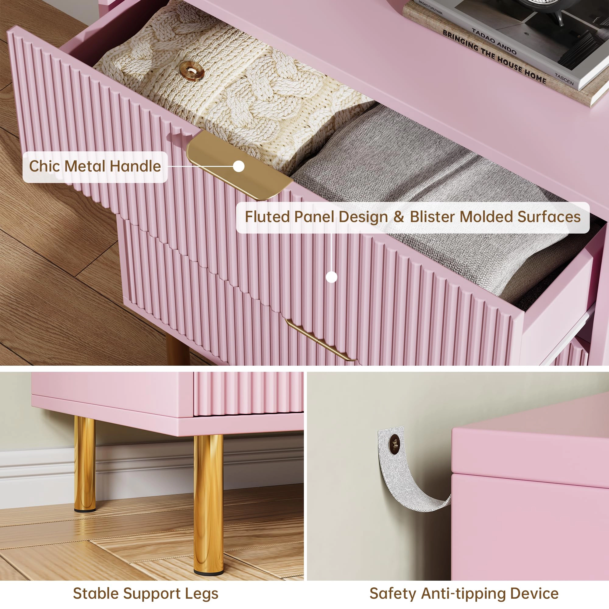 3 Drawer Fluted Dresser with Gold Handles & Metal Legs, Wooden Storage Chest for Bedroom Entryway