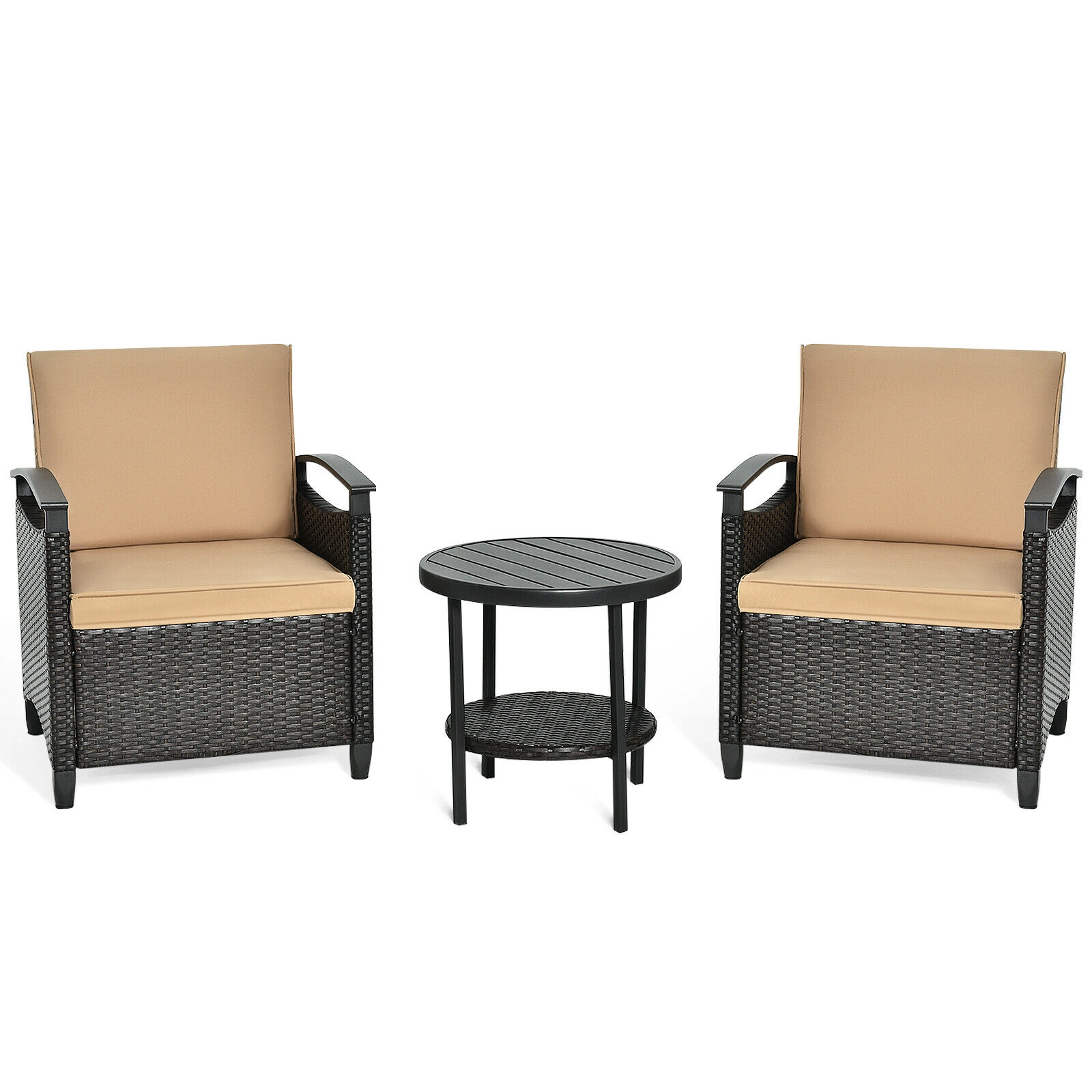 SUGIFT 3-Piece Patio Rattan Furniture Set, Beige Cushioned Sofas with Storage Shelf Table