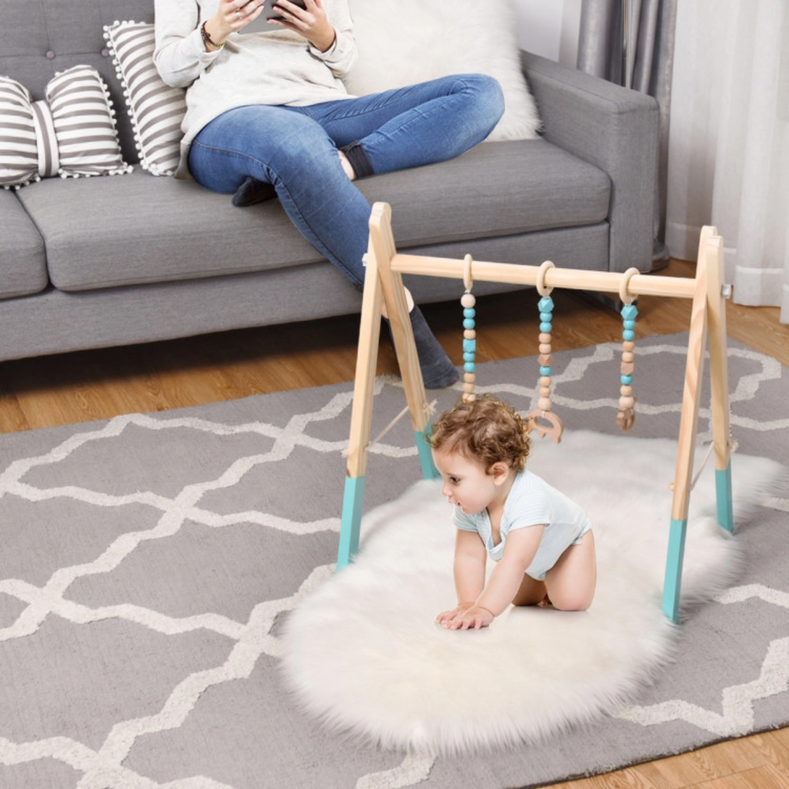 SUGIFT Baby Blue Wooden Play Gym with 3 Hanging Teething Toys and Folding Frame 23.5-in W 17.5-in D 23.5-in H