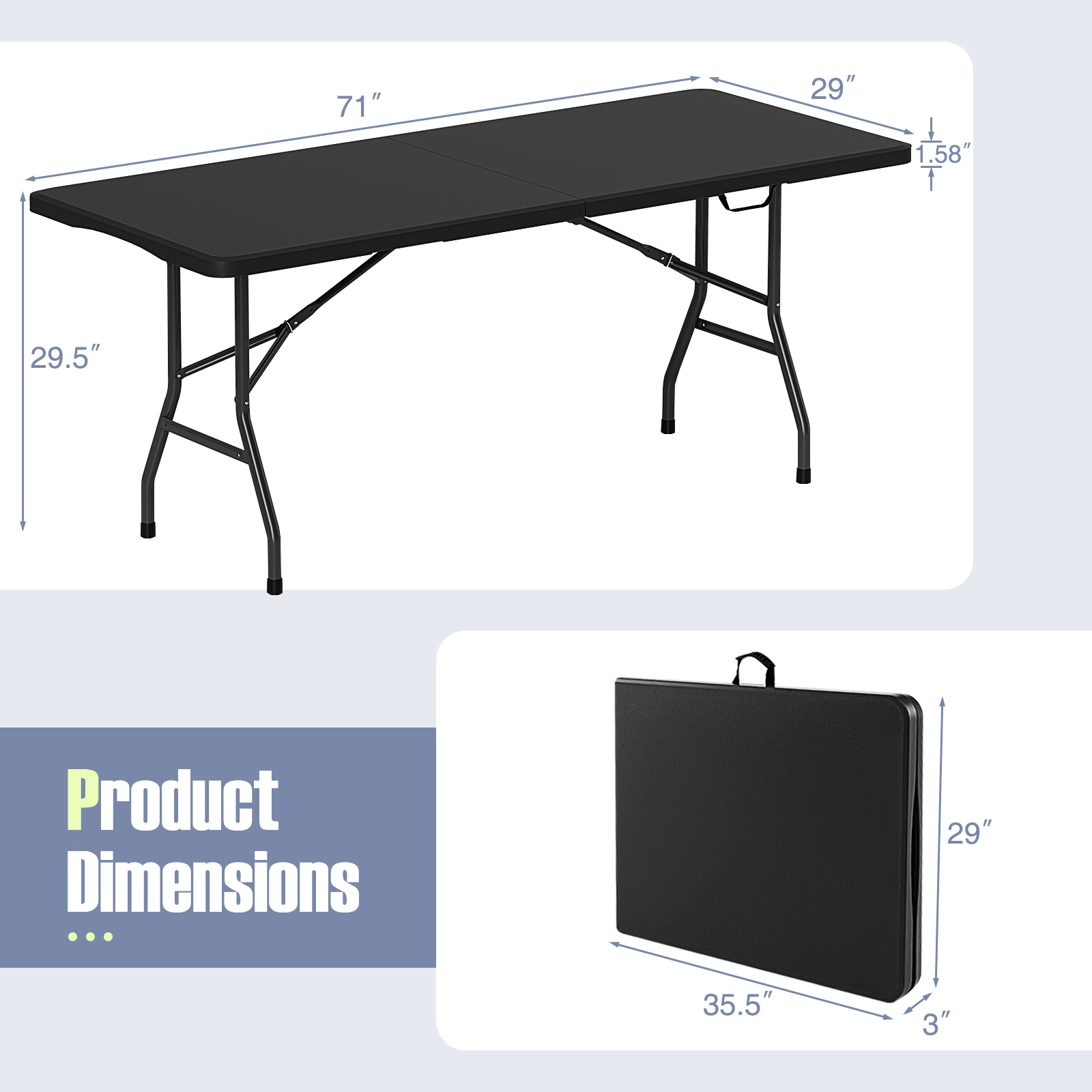 SUGIFT 6 ft Portable Folding Table 350-lb Capacity Fold-in-Half Picnic Table Black
