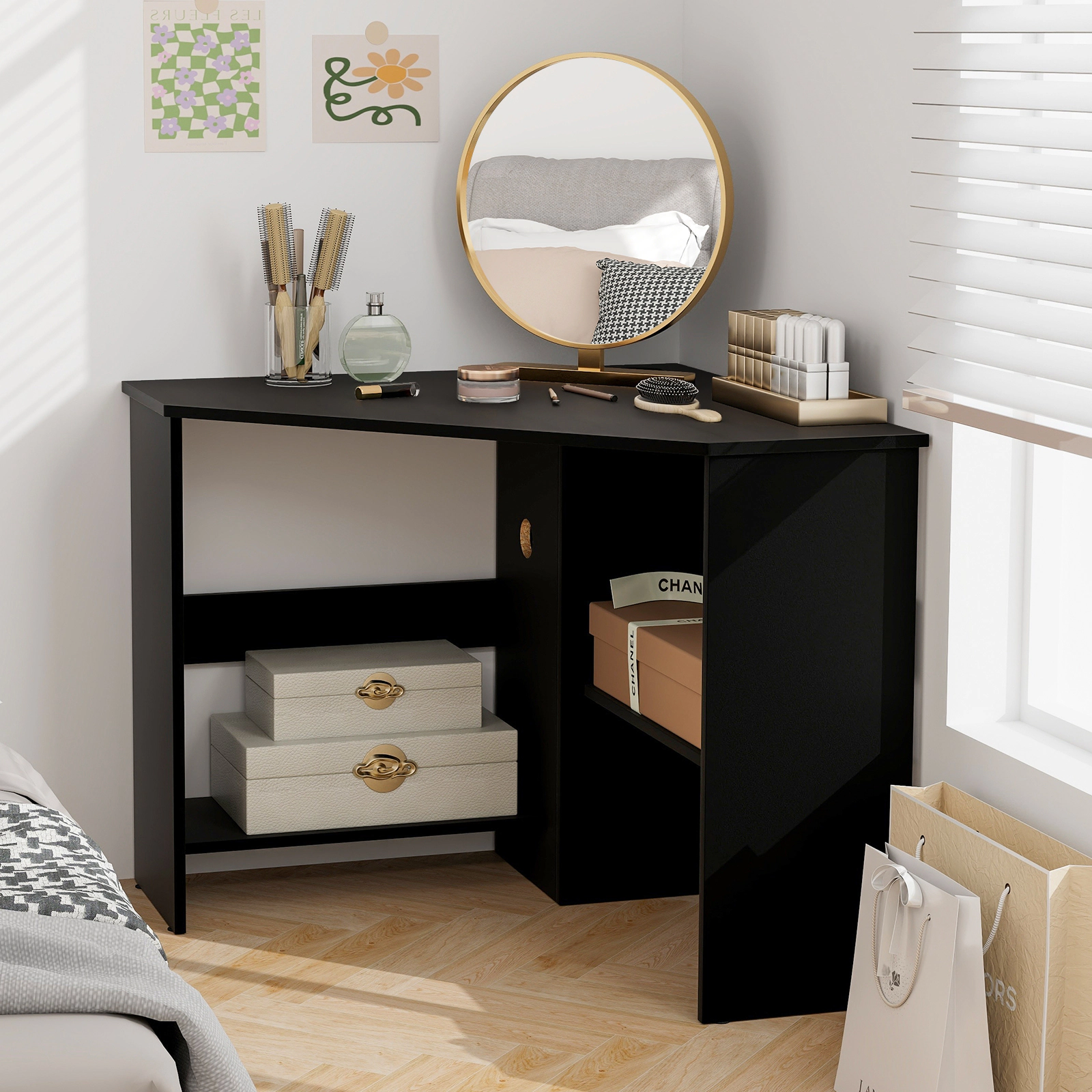 SUGIFT 48-In White Triangle Corner Computer Desk with Storage Shelf