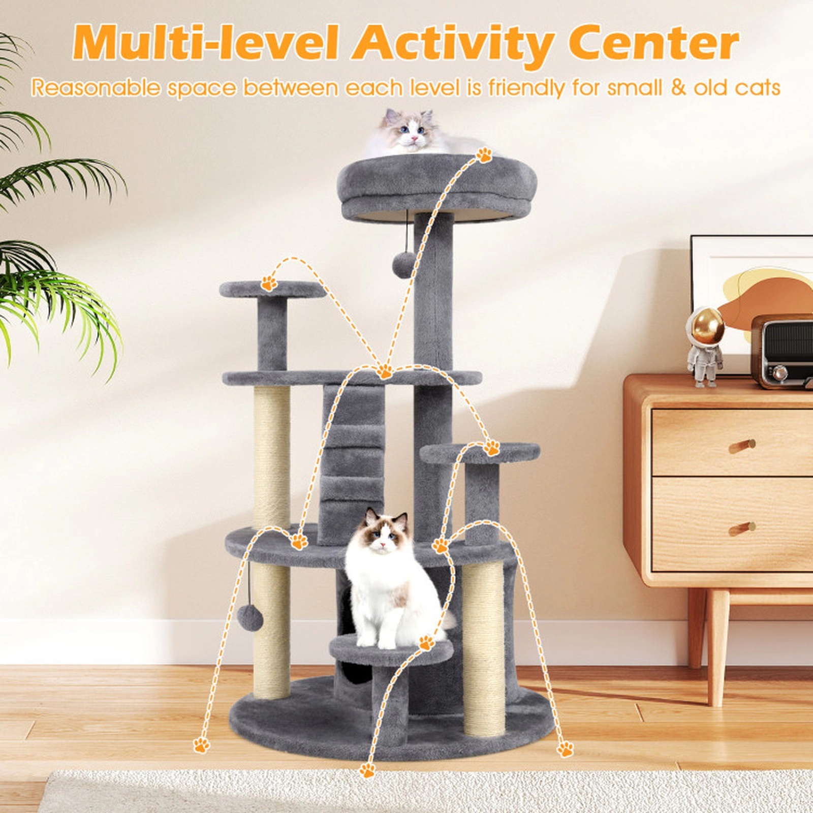 SUGIFT Multi-Level Kitty Tower Cat Tree with Condo, Climbing Ladder and Pompom Toys 33-lb Capacity Beige/Gray