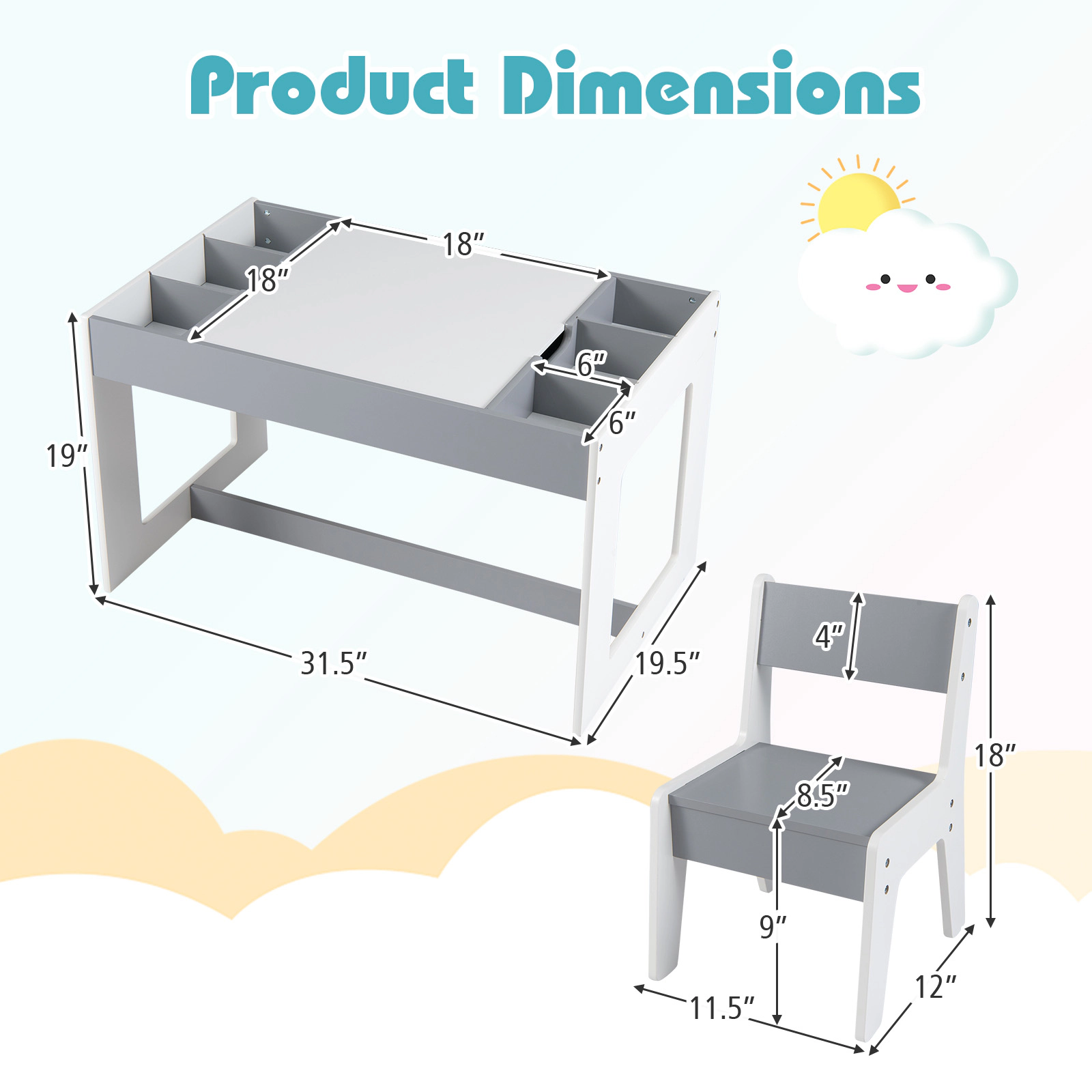 SUGIFT Chalkboard and Whiteboard Top Kids Multifunctional Table 2 Chairs Set