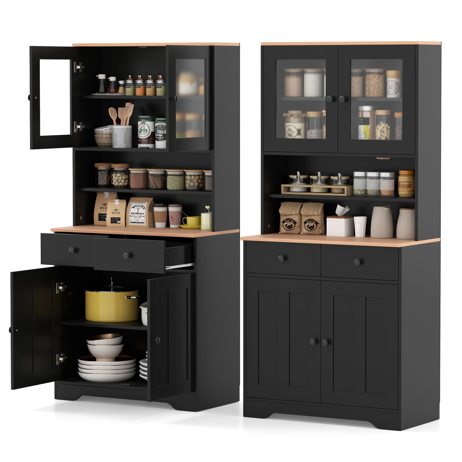 SUGIFT Pantry Storage Cabinet with 2 Shelves and Glass Doors 67-in Tall Sideboard with Drawers and Countertop Black